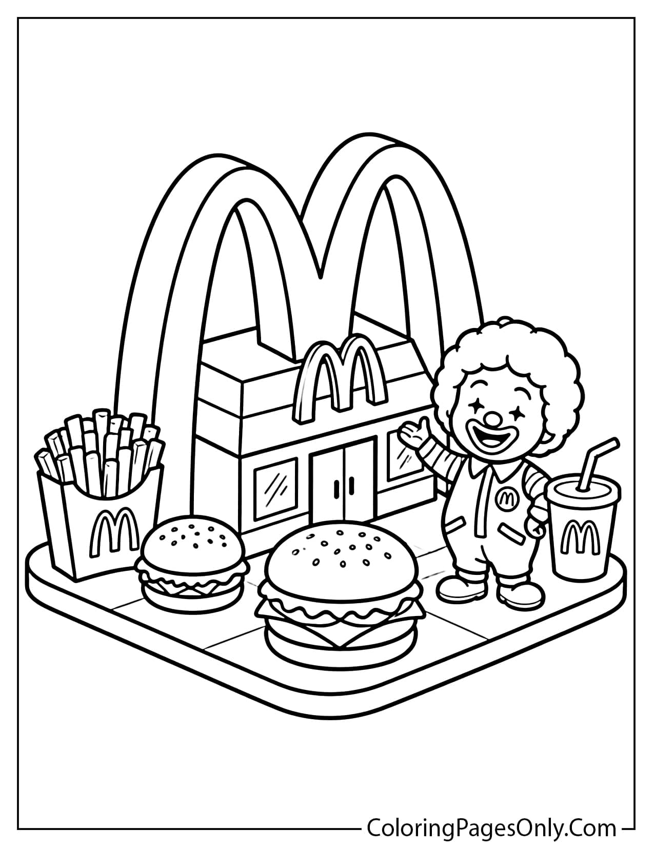 McDonald's restaurant coloring page featuring the famous golden arches, Happy Meal food items, fries, burger, drink cup, and a friendly mascot character. Printable black and white coloring page for children. from McDonald's