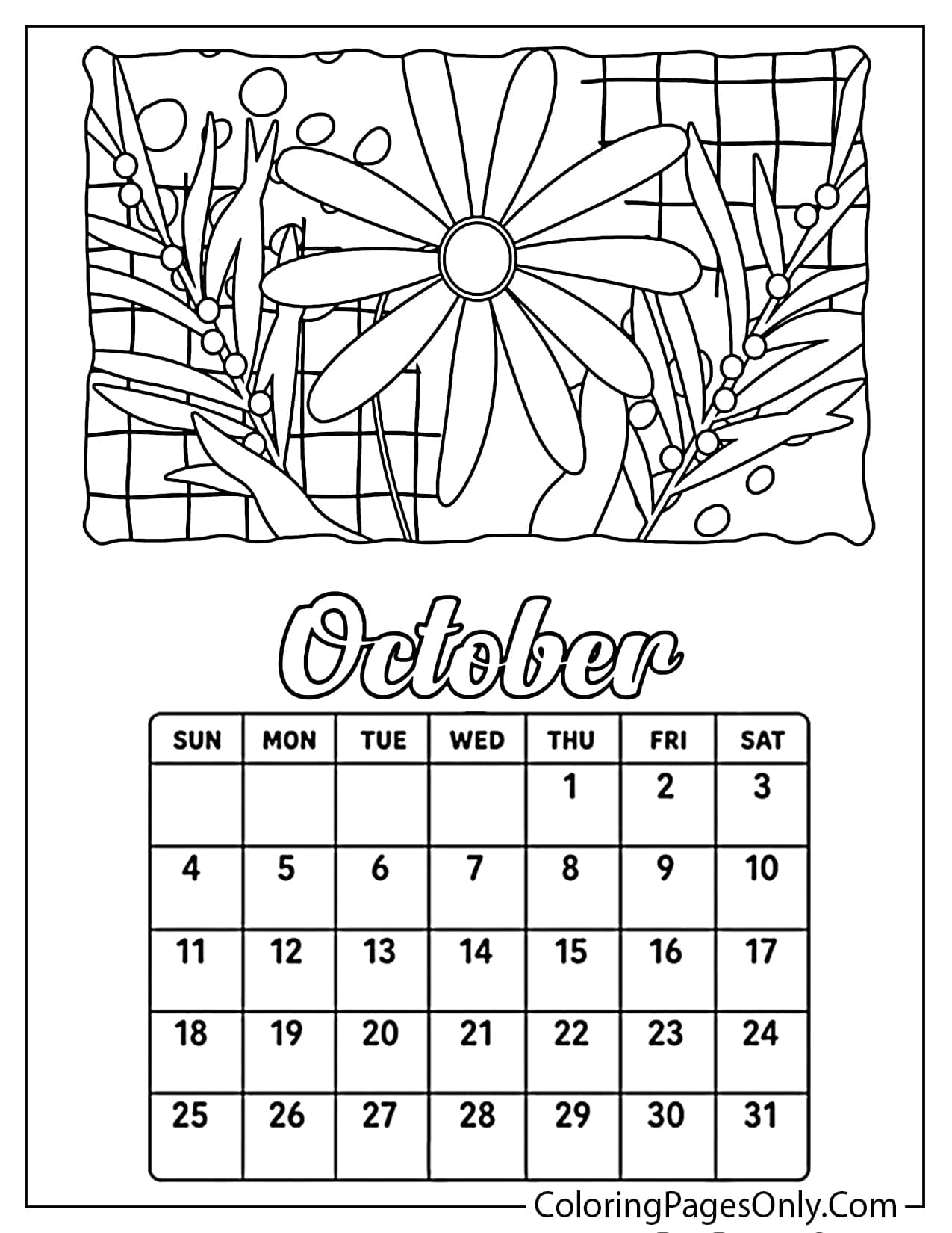 October 2026 calendar big daisy flower coloring page for kids and adults from October 2026