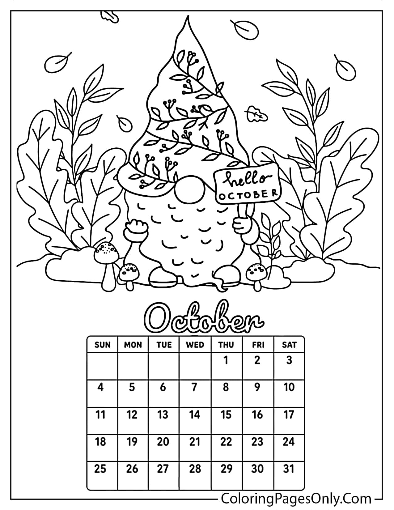 October 2026 calendar cute fall gnome holding a hello October sign coloring page from October 2026
