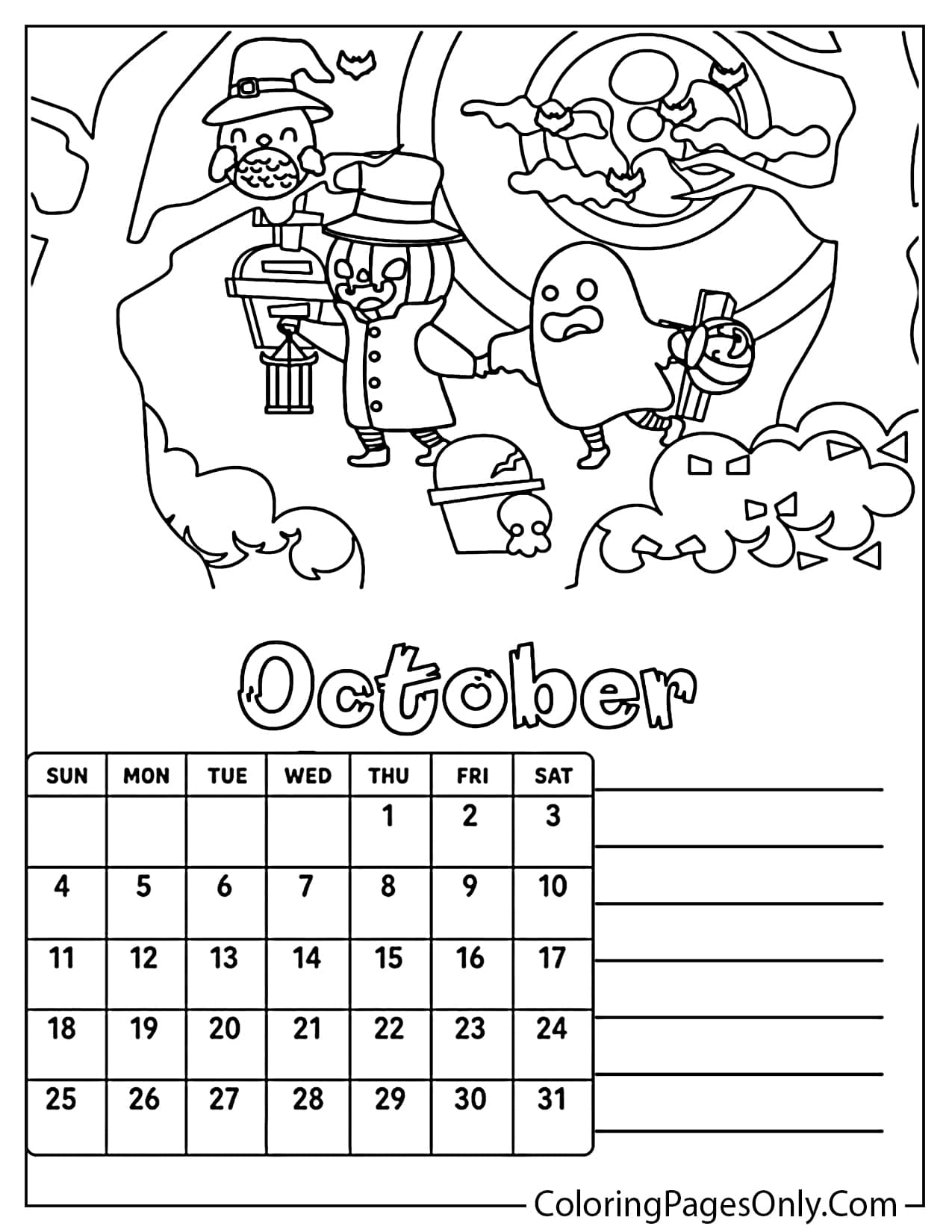 October 2026 calendar cute Halloween trick or treat with ghost and pumpkin lantern coloring page from October 2026