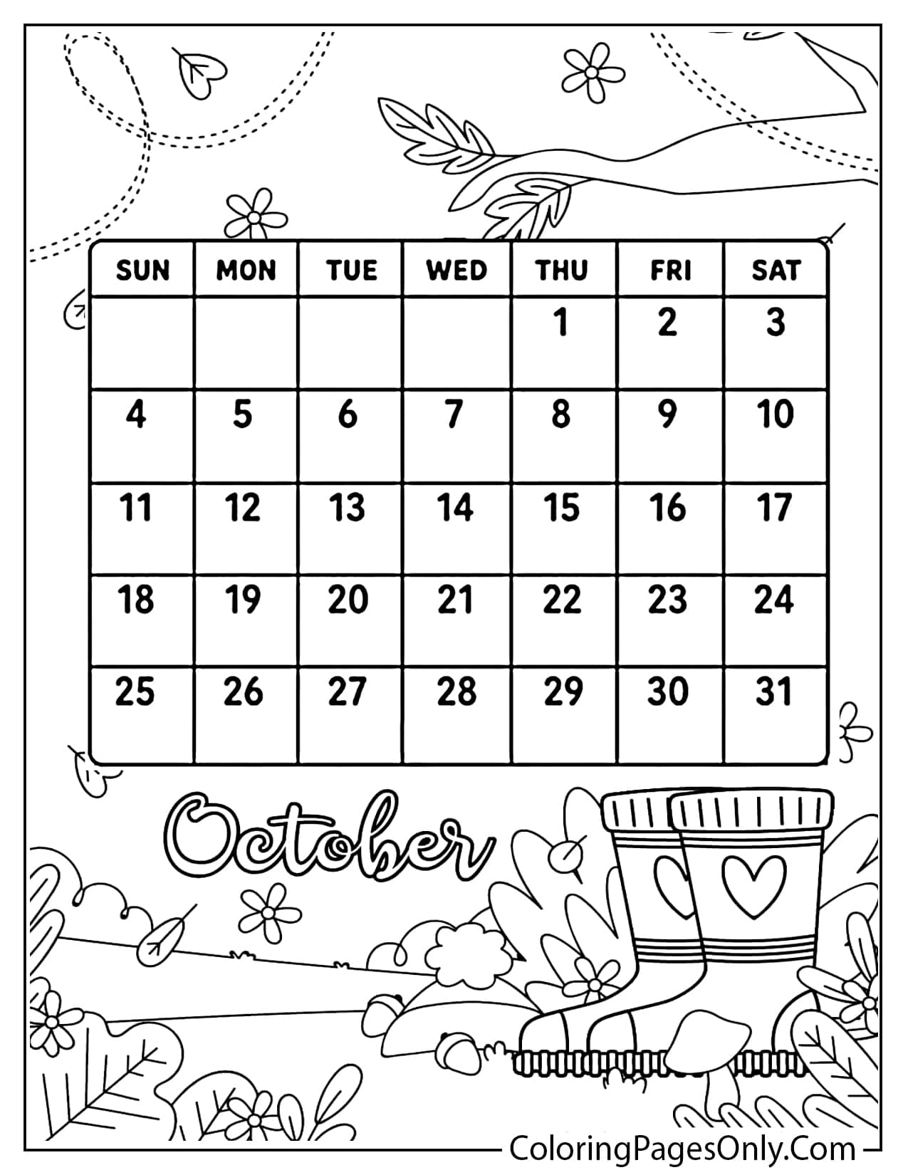 October 2026 calendar rainy day rain boots with heart motif coloring page from October 2026