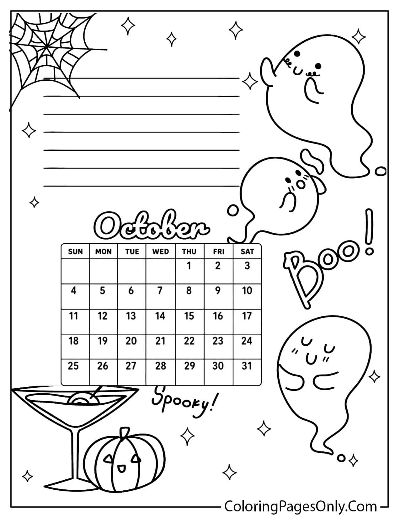 October 2026 calendar spooky ghost with notes section and pumpkin coloring page from October 2026