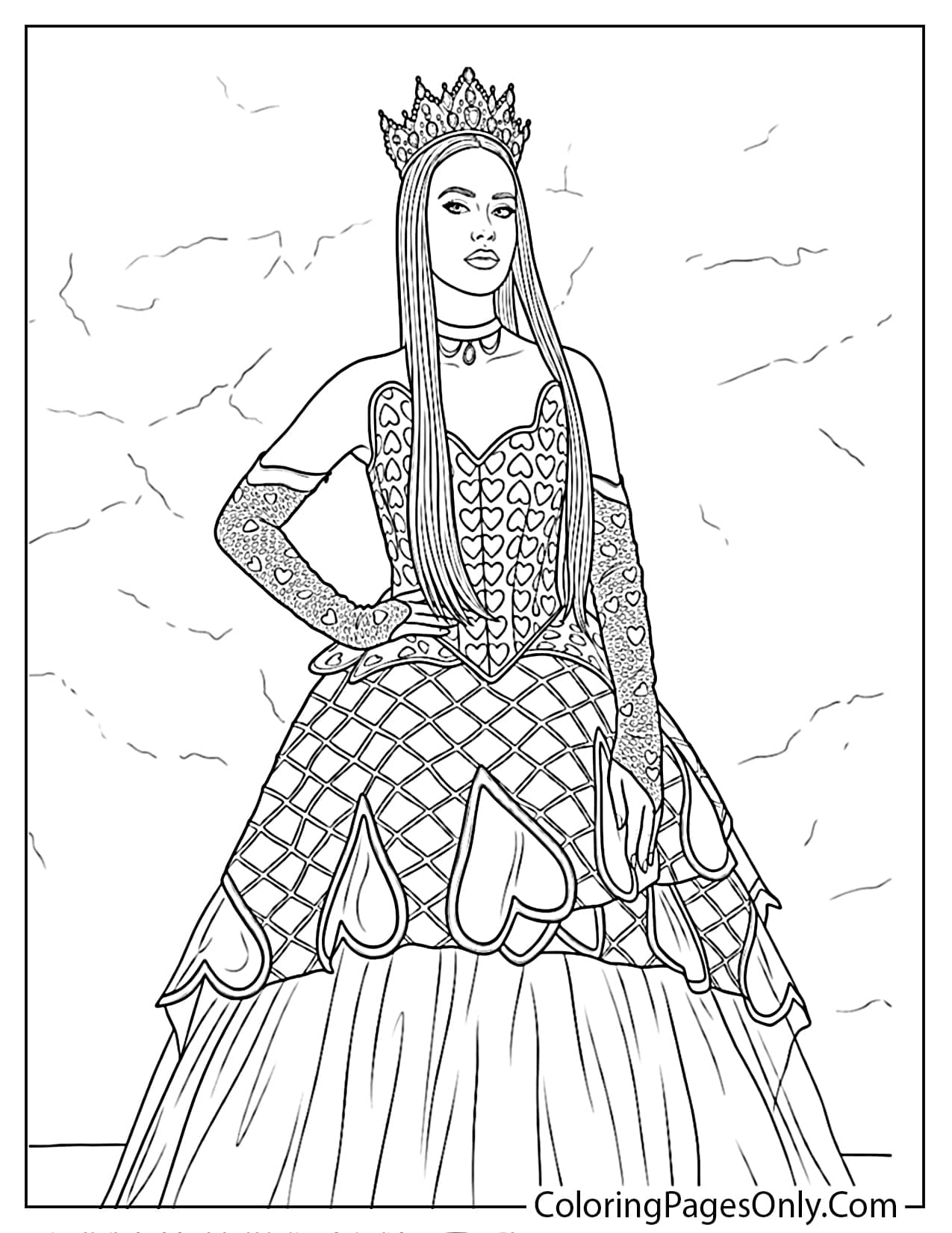 Printable black and white coloring page of a queen wearing a crown and a heart-patterned ball gown from Descendants: The Rise of Red. from Descendants