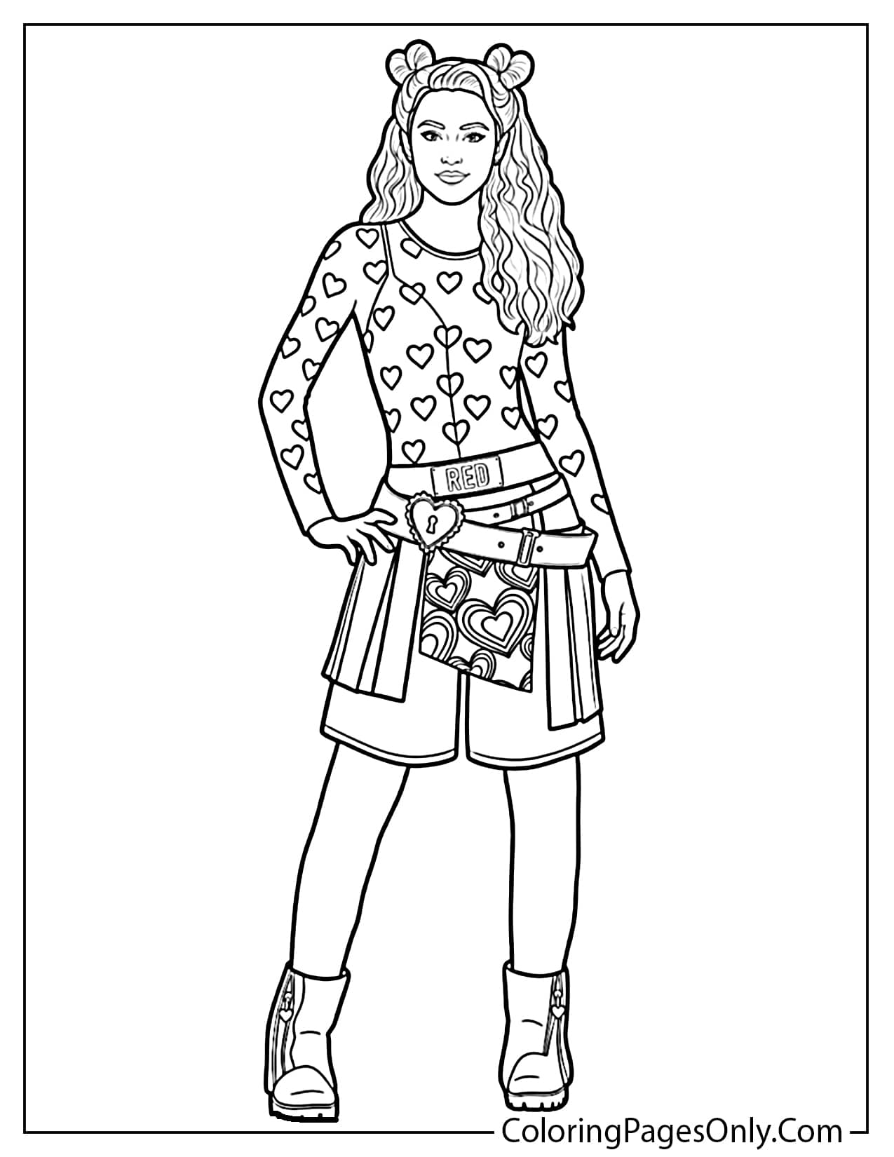 Full-length coloring page of Red in her signature heart-patterned outfit and boots from Descendants: The Rise of Red. from Descendants