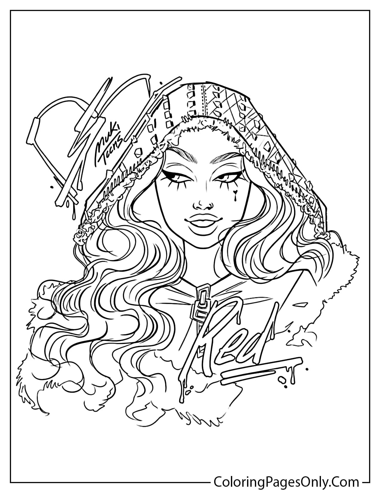Black and white coloring page of Red wearing a studded hood from Descendants: The Rise of Red with wavy hair and graffiti text. from Descendants