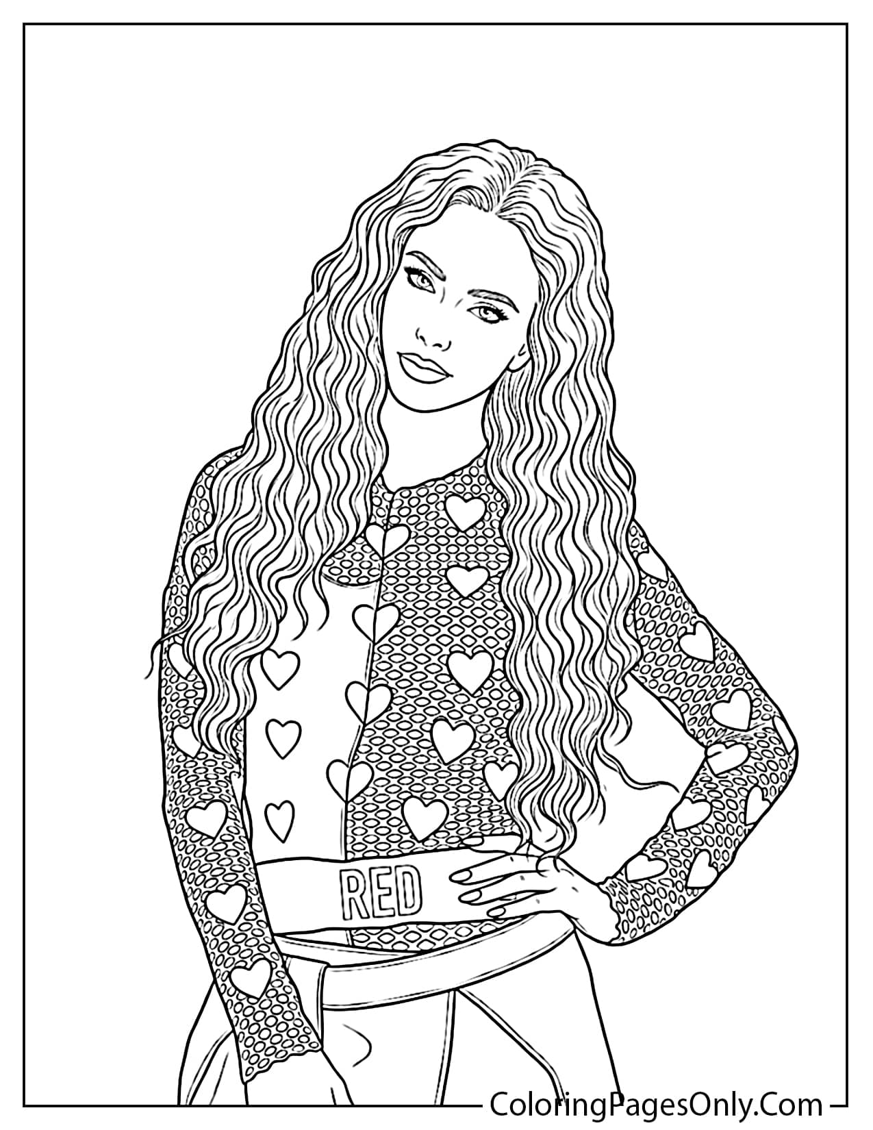 Detailed black and white coloring sheet showing a close-up portrait of Red with long wavy hair from Descendants: The Rise of Red. from Descendants