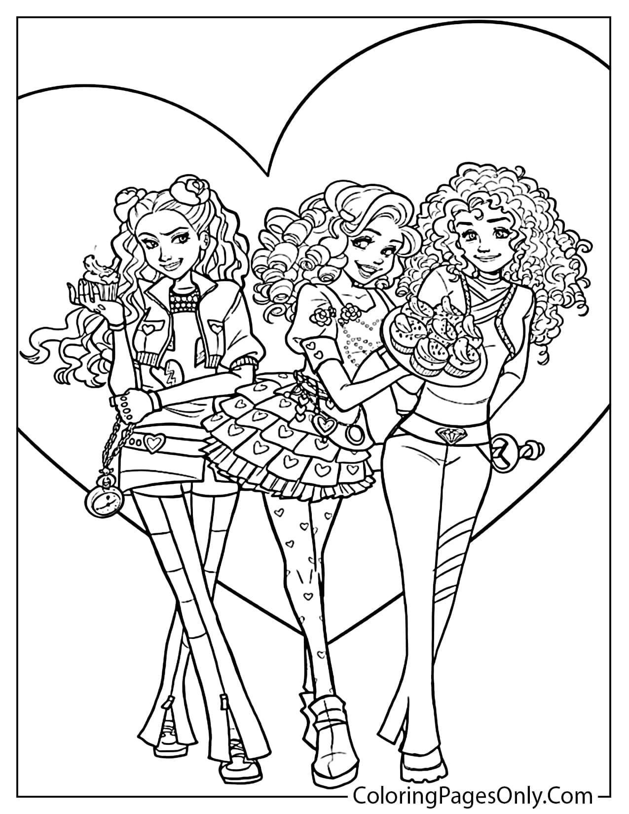 Printable black and white coloring page featuring three stylish girls holding cupcakes inside a large heart frame from Descendants: The Rise of Red. from Descendants