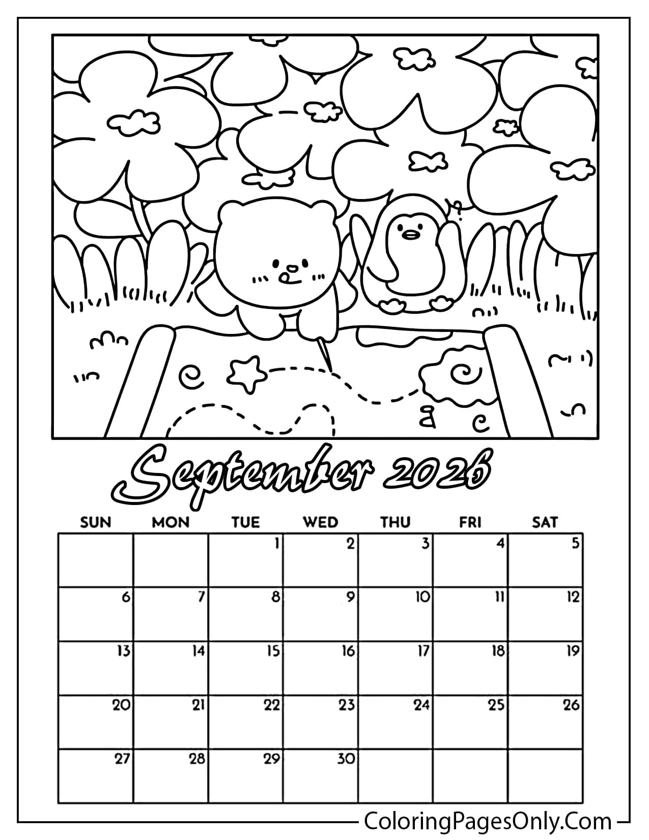 September 2026 calendar coloring page featuring a cute teddy bear and penguin sitting among large flowers from September 2026