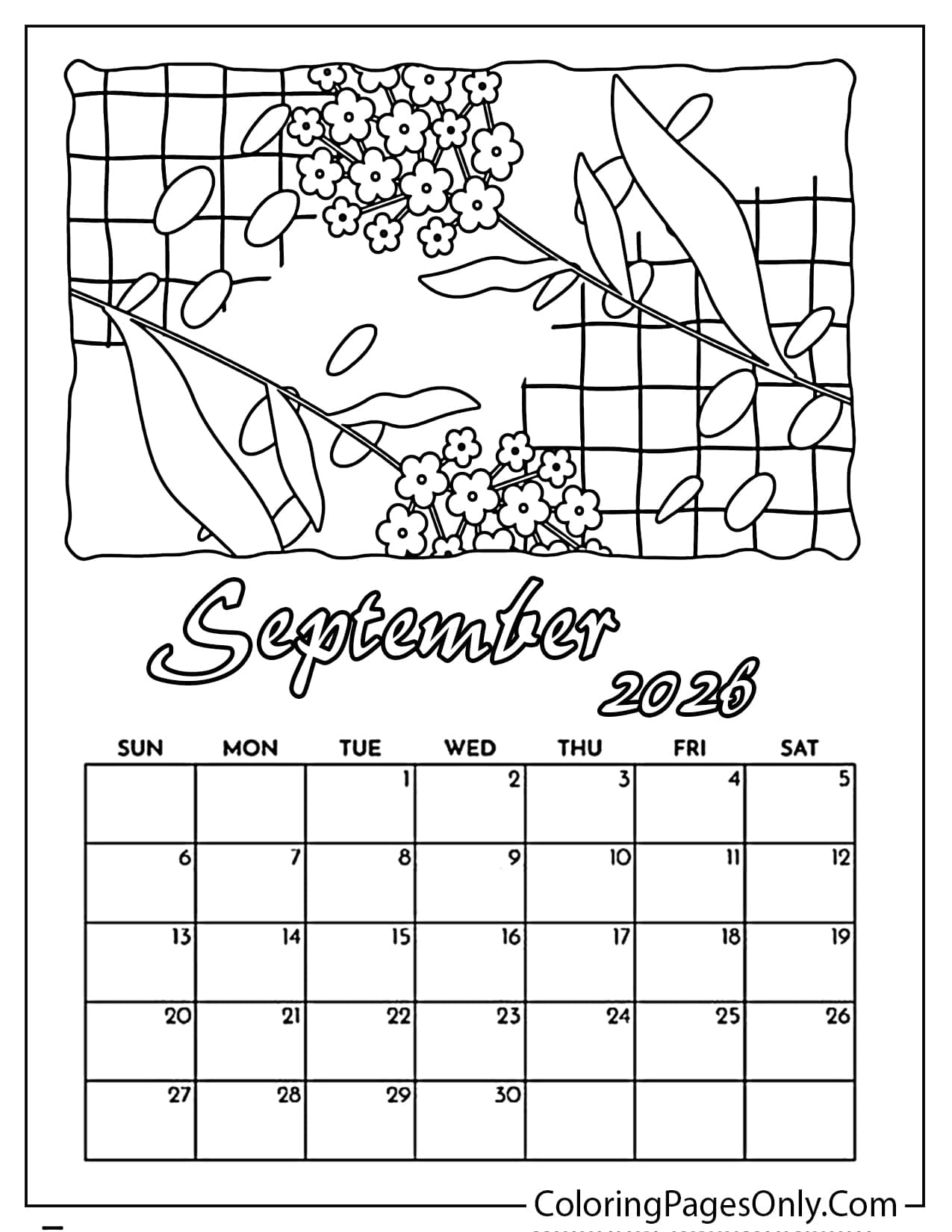 September 2026 floral calendar coloring page with elegant flower branches and leaves over a grid pattern from September 2026