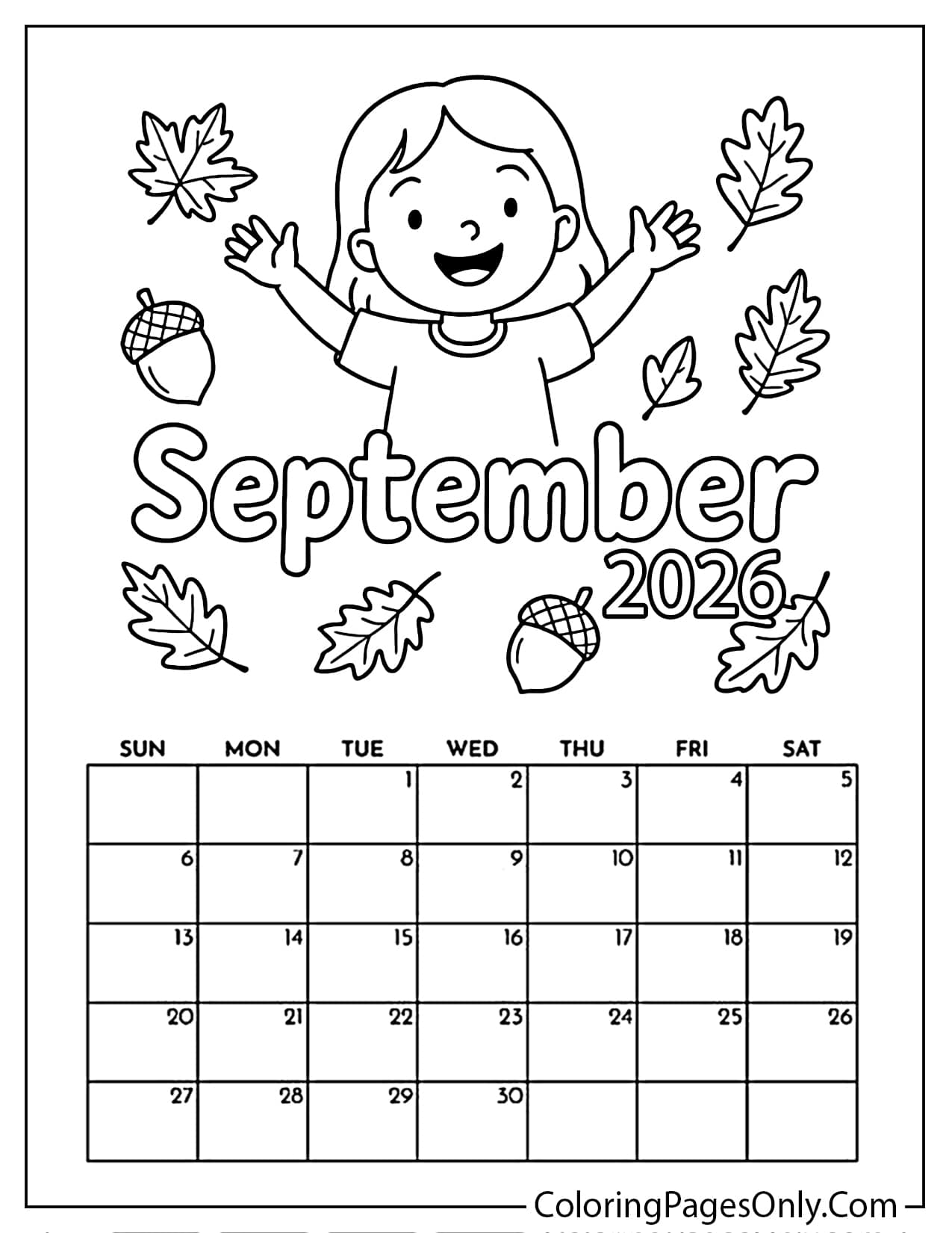 September 2026 calendar coloring page showing a happy young girl with raised arms surrounded by falling autumn leaves and acorns from September 2026