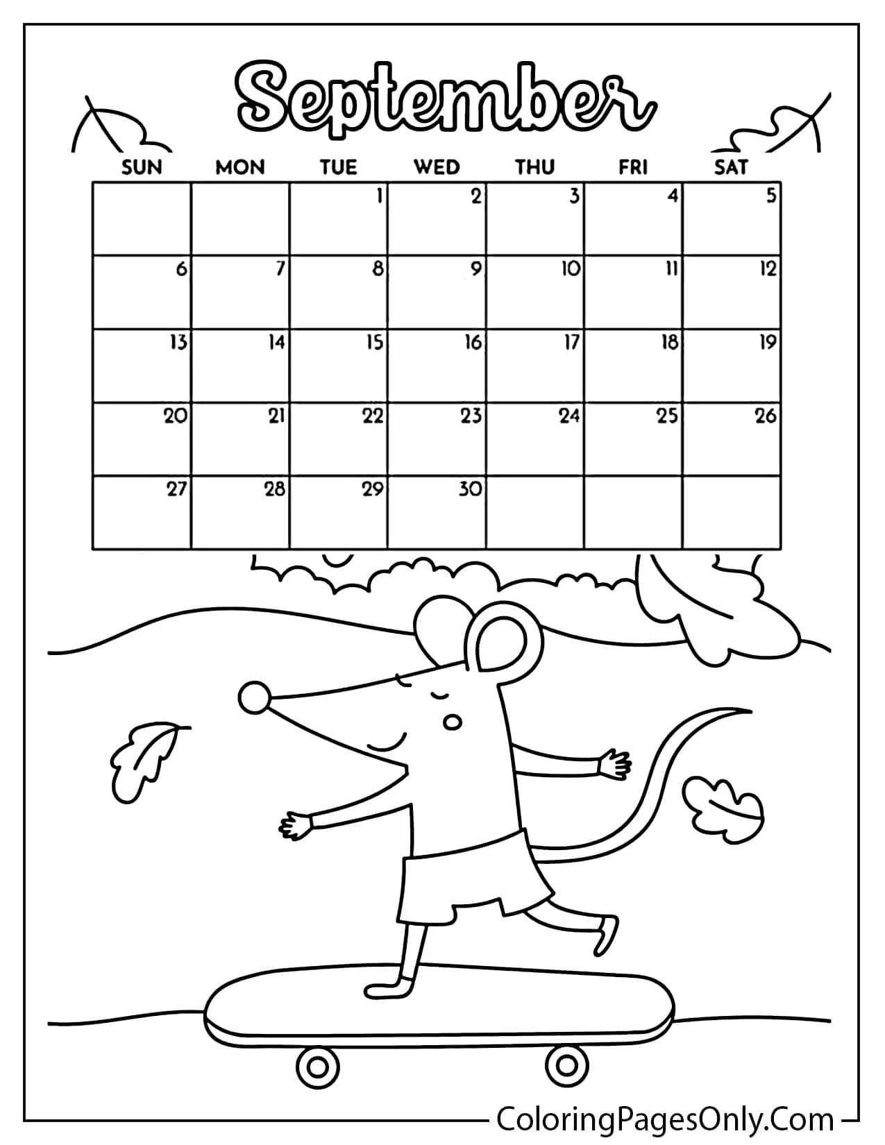 September 2026 calendar coloring page featuring a cute cartoon mouse riding a skateboard outdoors from September 2026