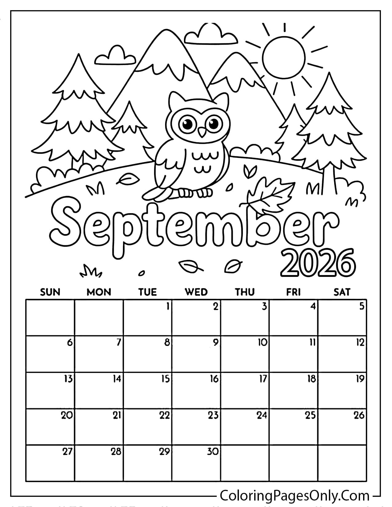 September 2026 calendar coloring page featuring a wise owl outdoors with mountains, pine trees, and falling autumn leaves from September 2026