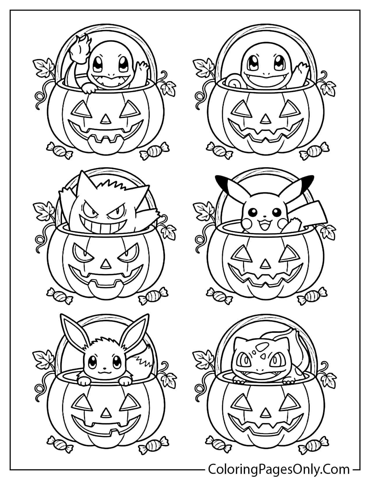 A collection of 6 separate line drawings, each showing a different Pokemon (Charmander, Gengar, Squirtle, Pikachu, Eevee, Bulbasaur) inside its own carved jack-o'-lantern basket, surrounded by leaves and candies. A varied Pokemon Halloween coloring page. from Pokemon Halloween