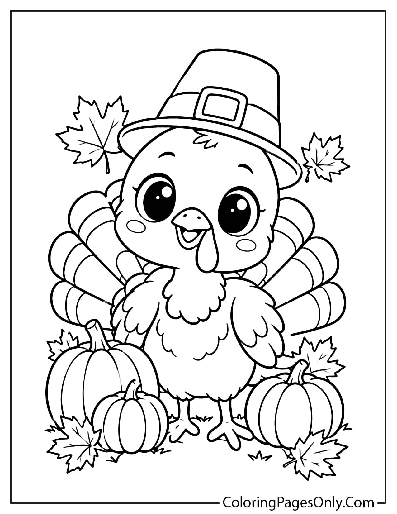 Smiling baby turkey in a buckled Pilgrim hat standing among pumpkins and maple leaves from Cute Thanksgiving