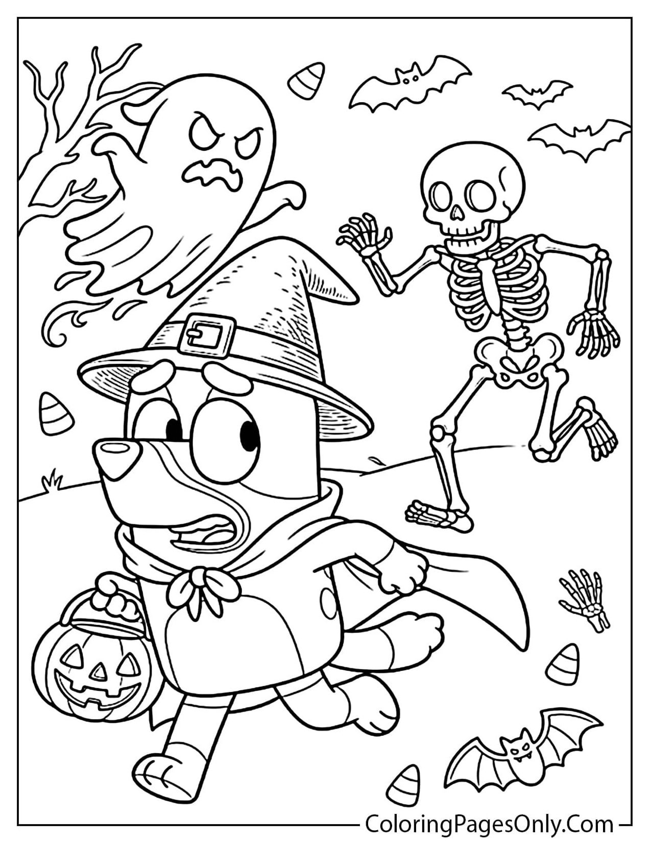 A black and white Halloween coloring page showing Bluey in a witch hat running away from a ghost and a skeleton while holding a jack-o-lantern basket. from Bluey Halloween