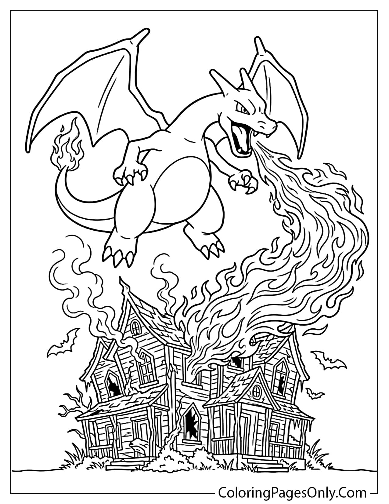 A detailed line art drawing for coloring showing Charizard in flight, breathing a large plume of fire on a dilapidated, haunted Victorian house, surrounded by bats. A dynamic Pokemon Halloween coloring sheet. from Pokemon Halloween