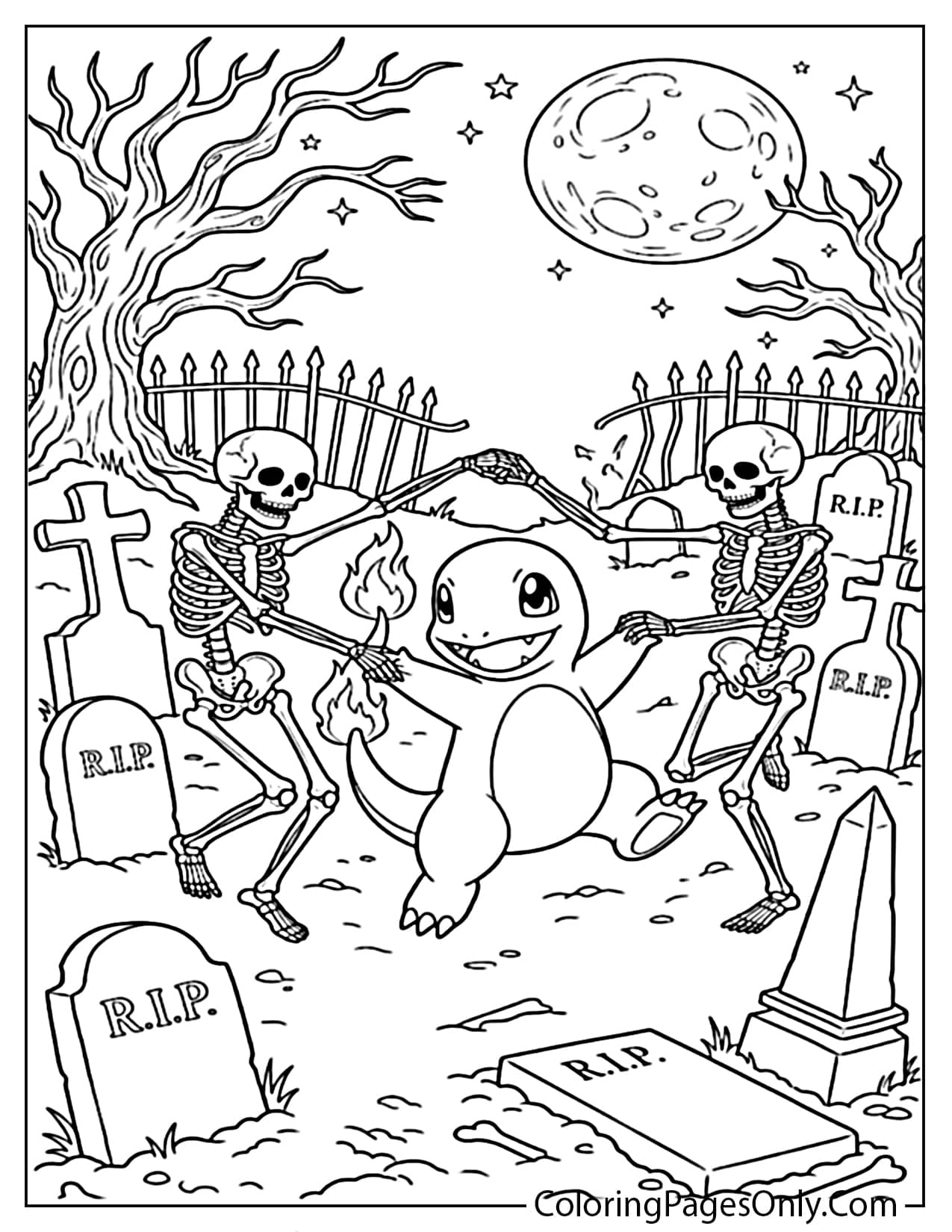 Black and white line drawing of a happy Charmander dancing in a graveyard between two full skeletons under a full moon, with several R.I.P. tombstones and a fence. A unique Pokemon Halloween coloring page. from Pokemon Halloween