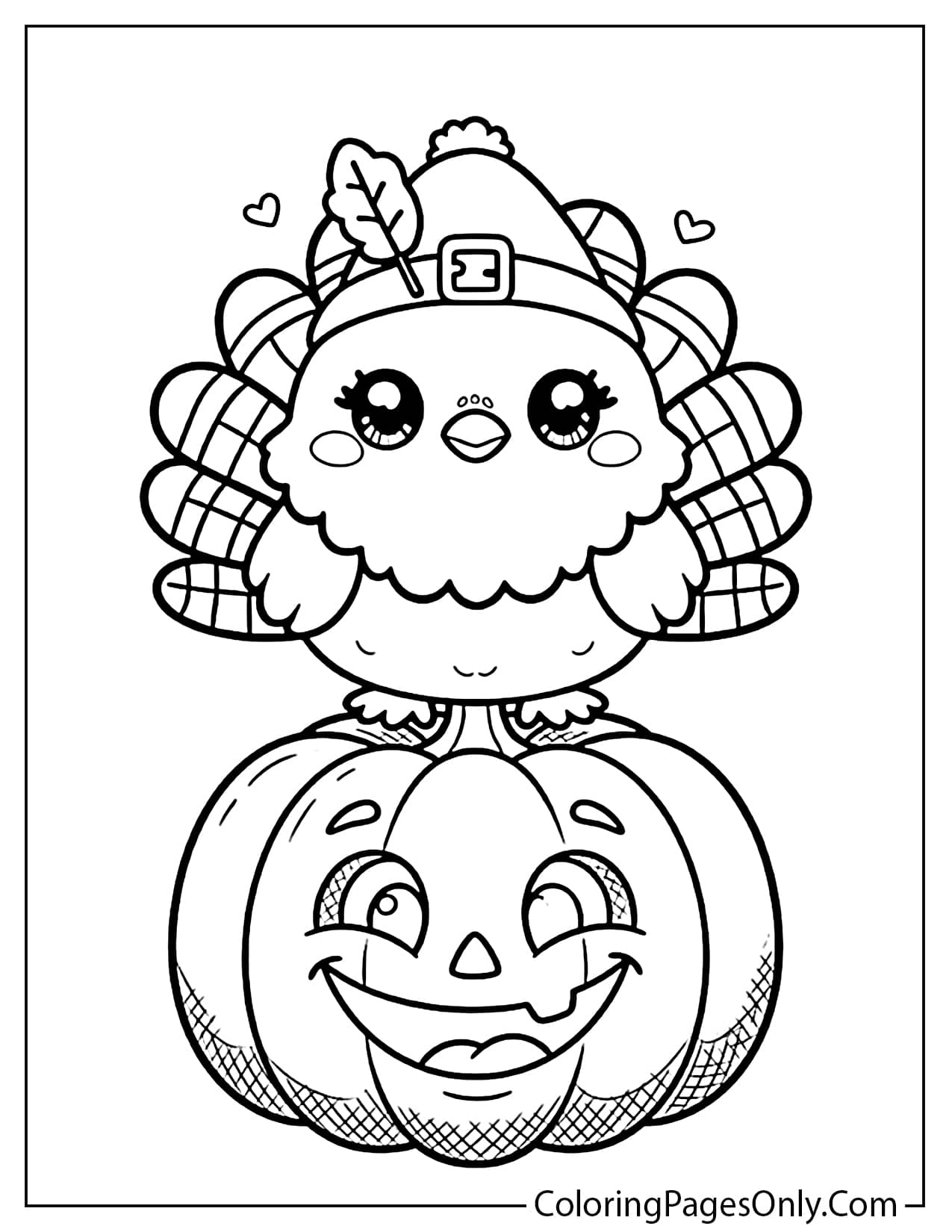 Baby turkey in a Pilgrim hat perched on a grinning jack-o'-lantern with little hearts from Cute Thanksgiving