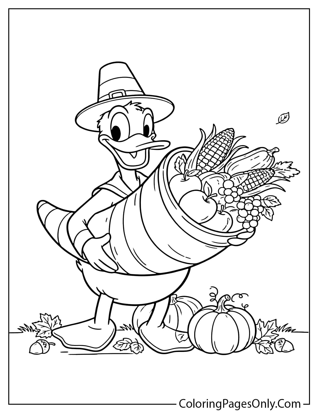 Donald Duck in a Pilgrim hat carrying a cornucopia of corn, apples, and grapes from Cute Thanksgiving