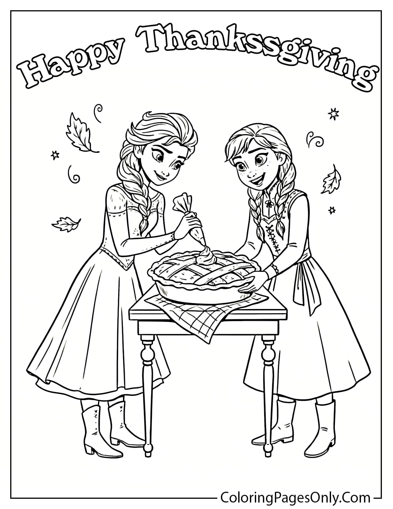 Elsa and Anna from Frozen piping cream onto a lattice pie under falling leaves from Cute Thanksgiving