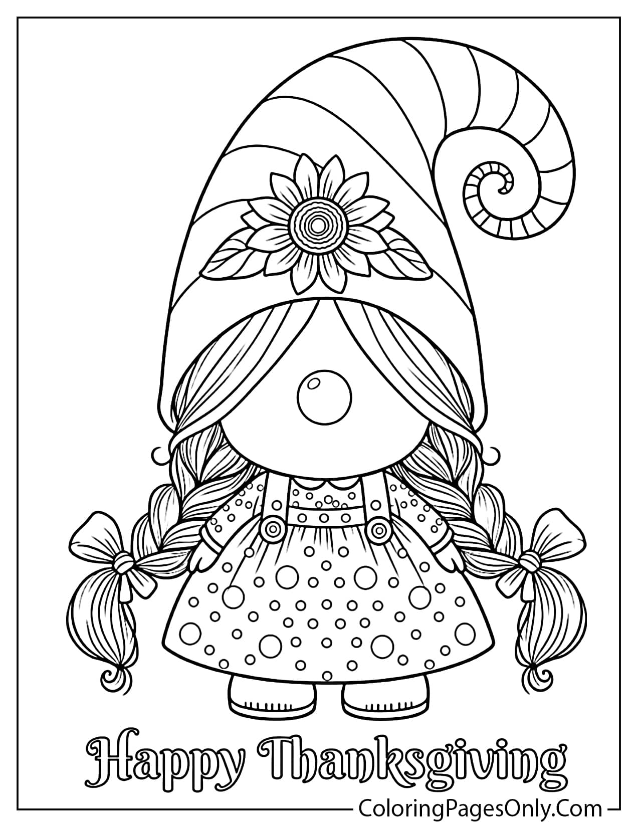 Girl gnome with long braids, a sunflower hat, and a polka-dot dress above Happy Thanksgiving from Cute Thanksgiving