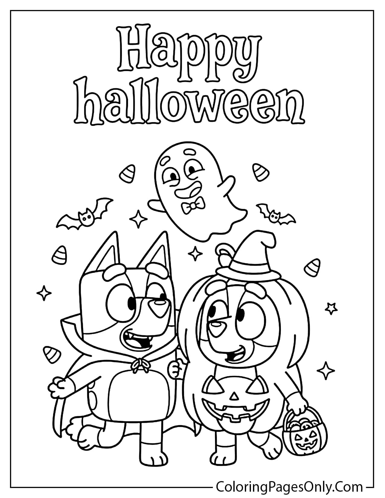 A Halloween coloring page featuring Bluey dressed as a vampire and Bingo in a pumpkin costume with a friendly ghost flying above and the words Happy Halloween. from Bluey Halloween