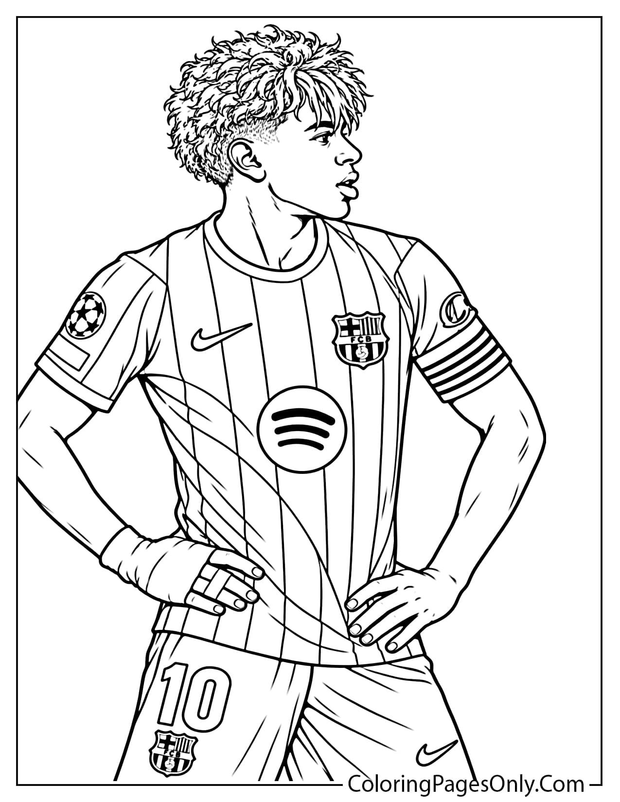 Detailed Lamine Yamal coloring page showing the young Barcelona soccer player wearing a captain's armband, standing with his hands on his hips. from Lamine Yamal