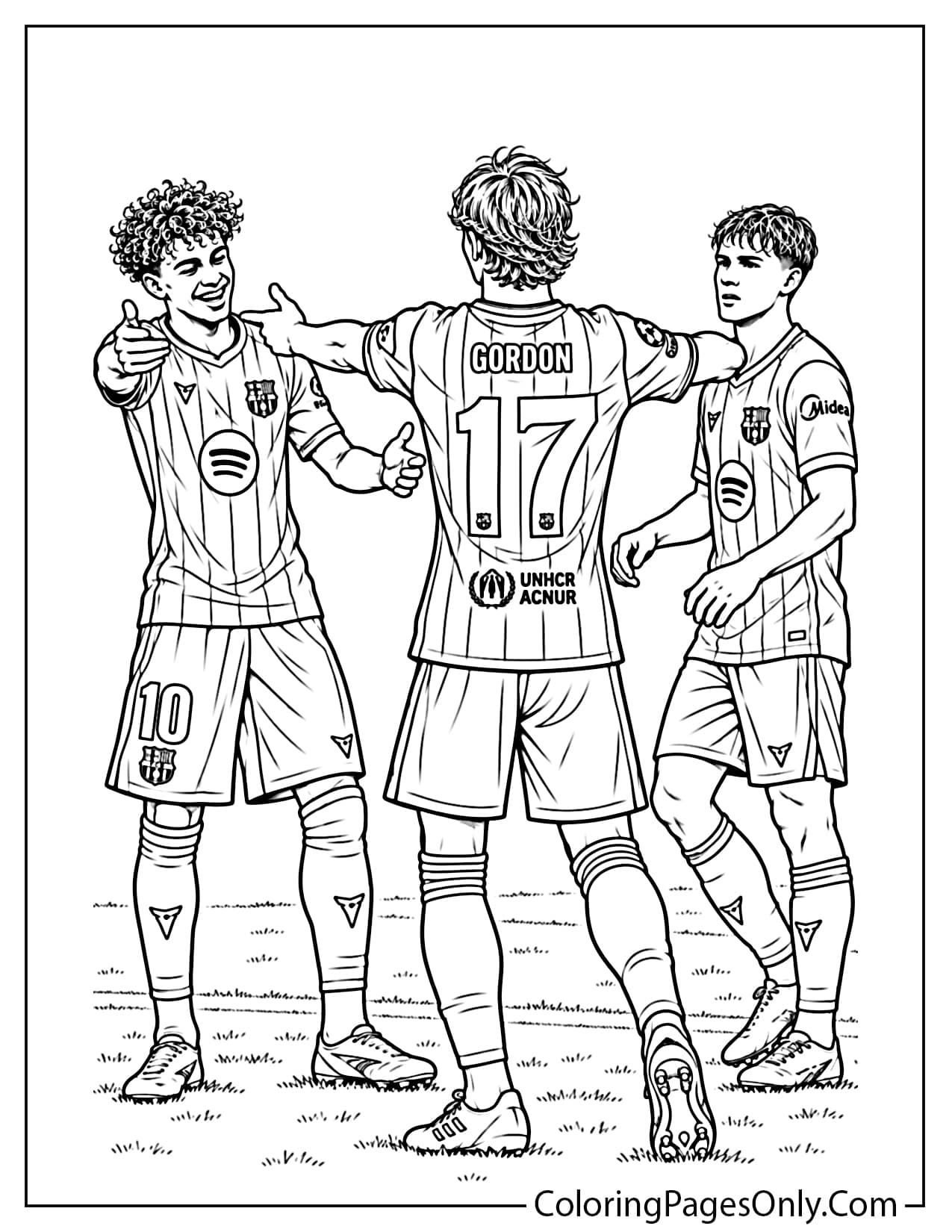 Lamine Yamal coloring page featuring three FC Barcelona players celebrating together on the soccer field, with number 17 in the center. from Lamine Yamal