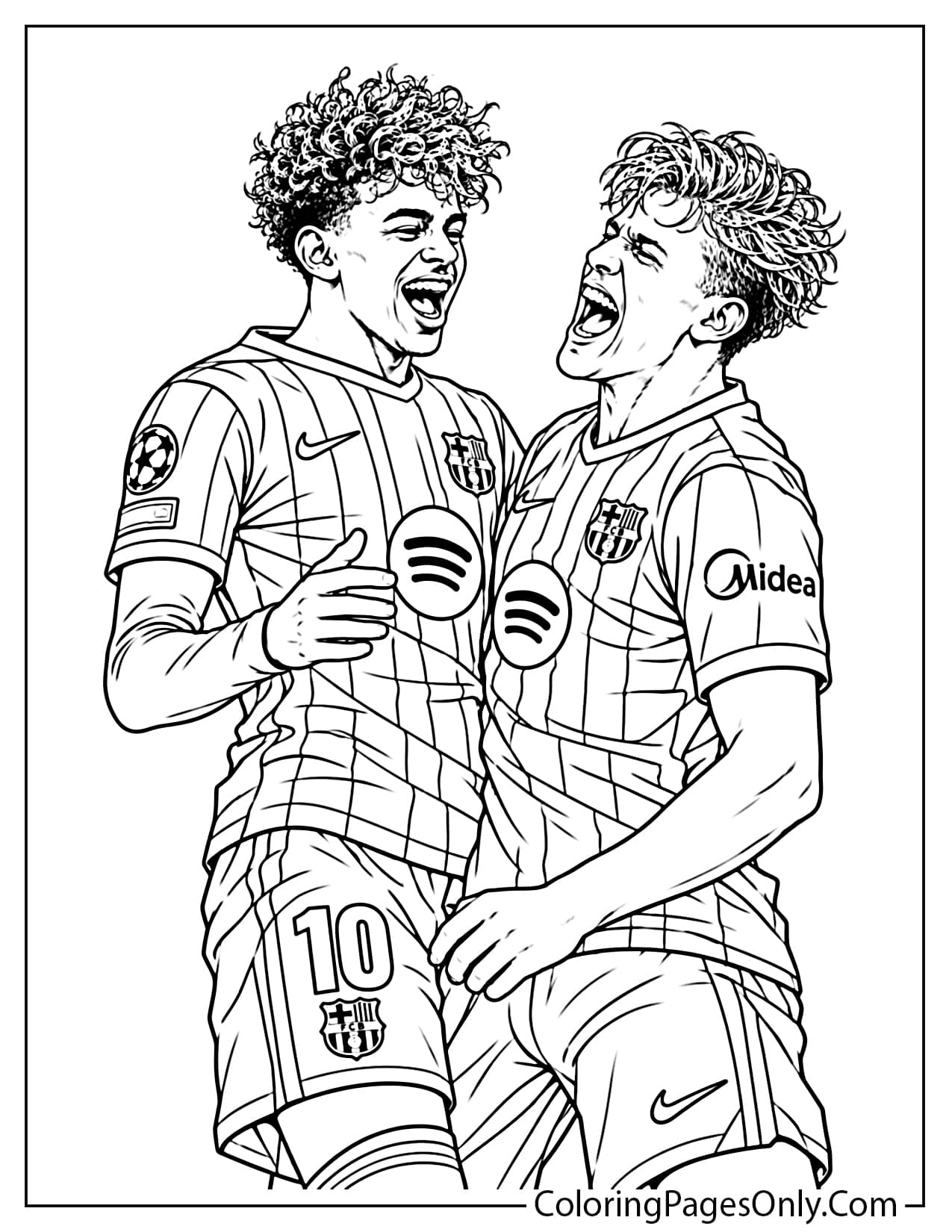 Black and white Lamine Yamal coloring page showing the Barcelona number 10 celebrating an exciting goal with a teammate. from Lamine Yamal