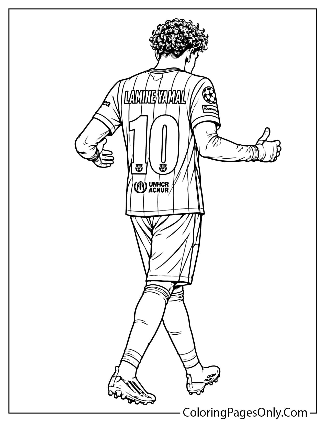 Printable Lamine Yamal coloring page featuring a full body back view of the Barcelona star wearing his number 10 jersey and soccer cleats. from Lamine Yamal