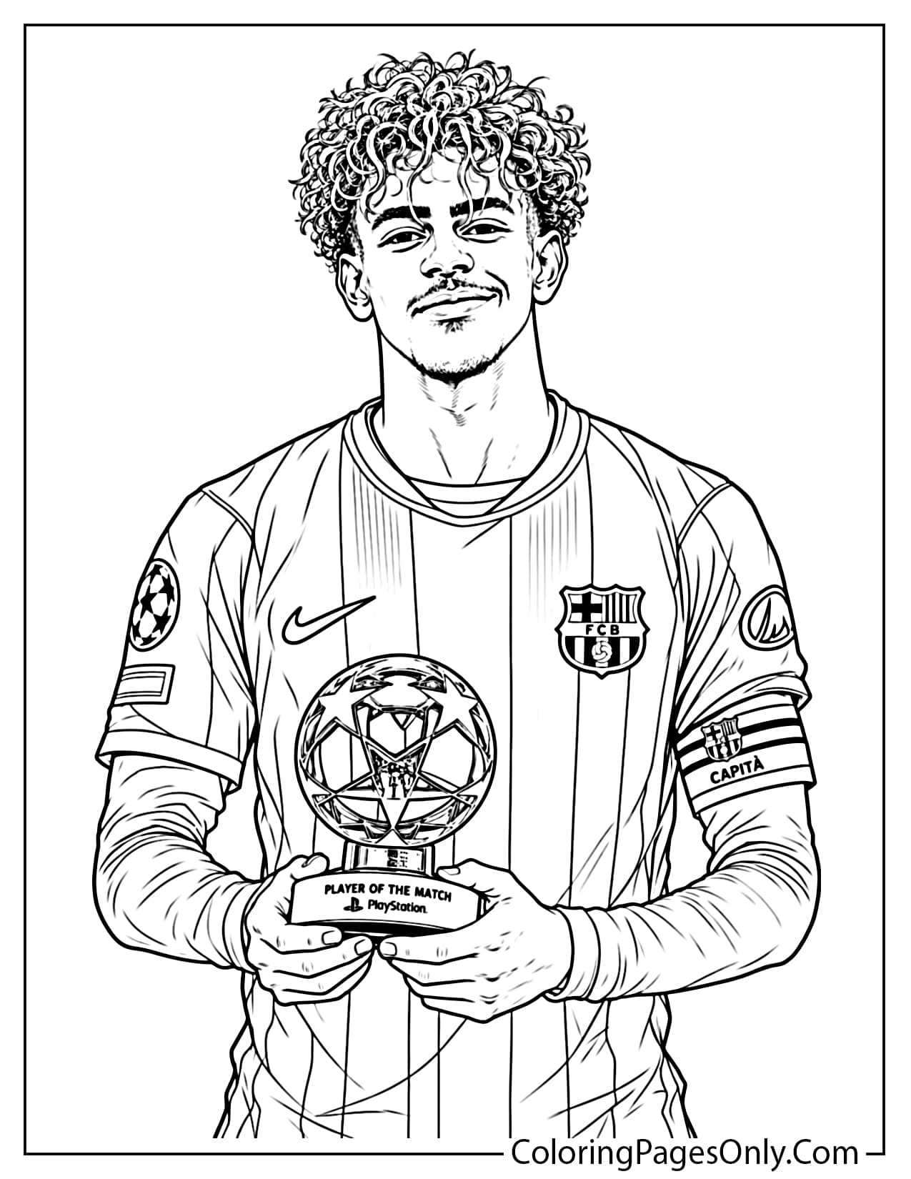 Printable Lamine Yamal coloring page showing the Barcelona soccer star smiling and holding his UEFA Champions League Player of the Match trophy. from Lamine Yamal