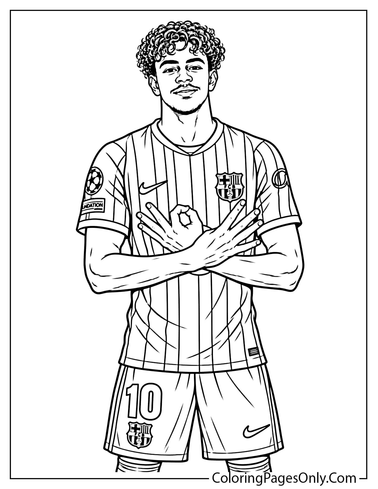 Lamine Yamal coloring page showing the Barcelona number 10 high fiving Raphinha during a Champions League celebration. from Lamine Yamal