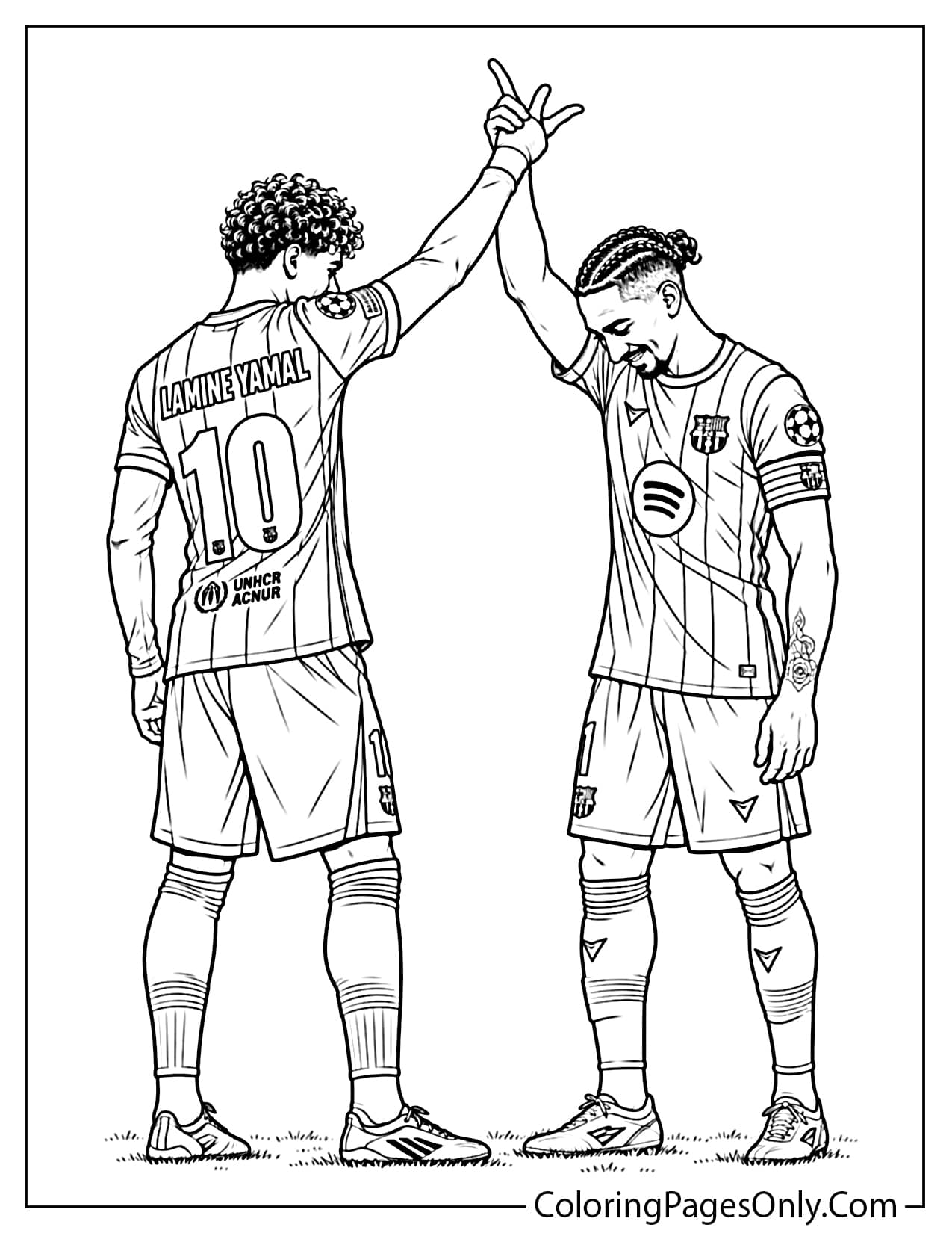 Lamine Yamal coloring page showing the Barcelona number 10 high fiving Raphinha during a Champions League celebration. from Lamine Yamal