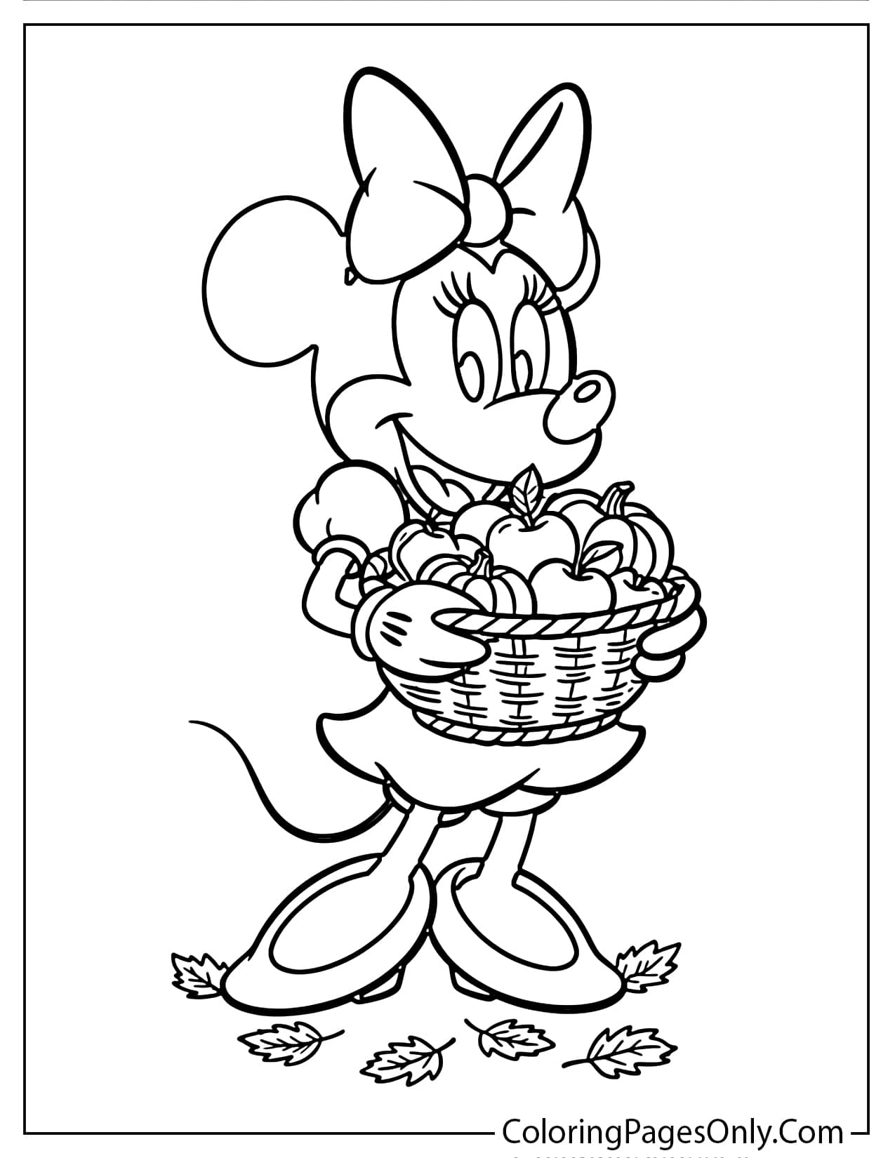 Minnie Mouse with her big bow holding a woven basket of apples and small pumpkins from Cute Thanksgiving