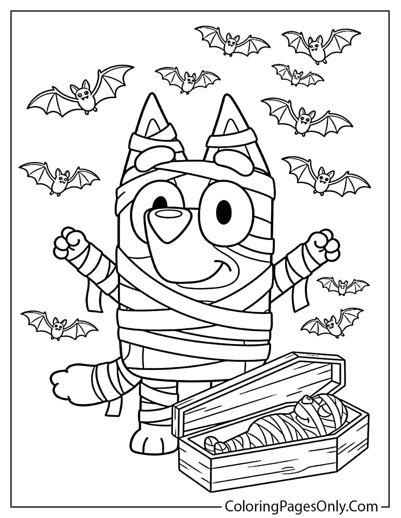 A printable Halloween coloring page featuring Bluey wrapped as a mummy standing next to a open coffin with a small mummy inside and bats flying above. from Bluey Halloween