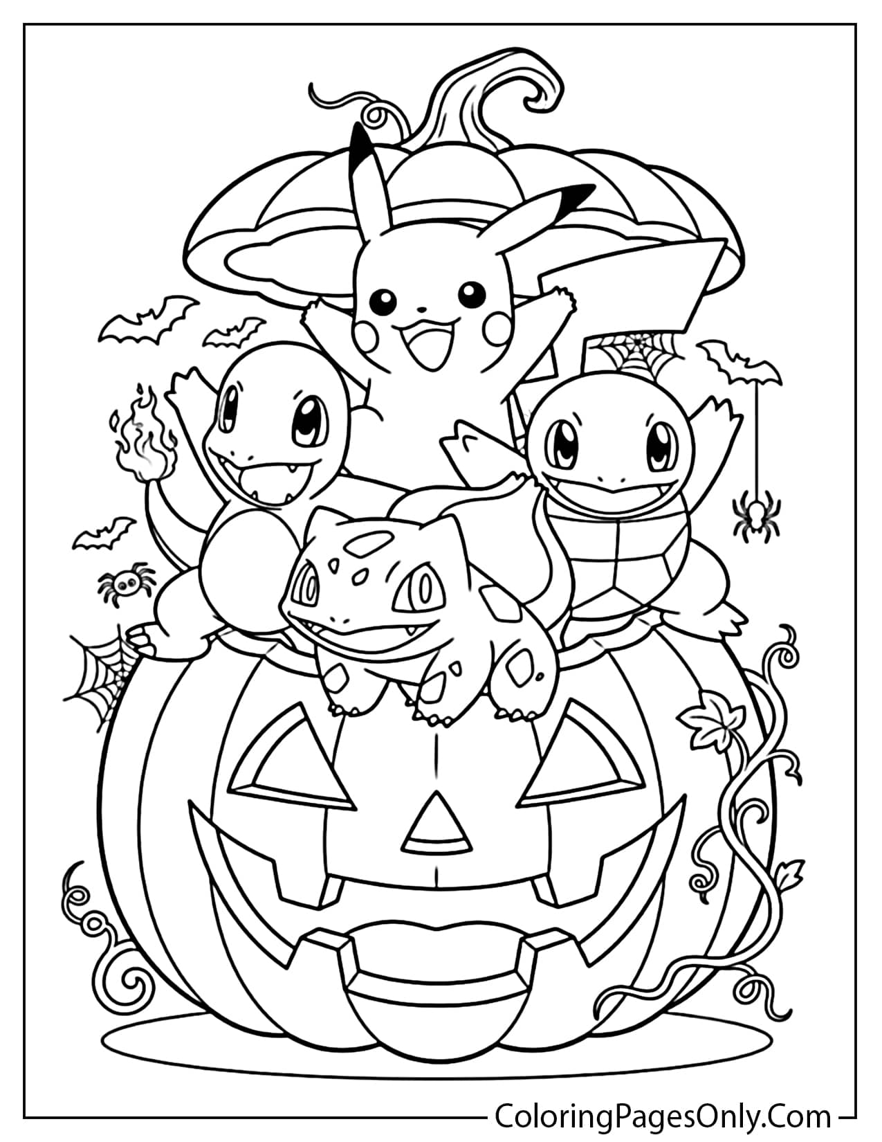 Black and white outline showing Pikachu, Charmander, and Squirtle happily peek from inside a large, carved jack-o'-lantern, surrounded by cobwebs, spiders, and bats. A festive Pokemon Halloween coloring page. from Pokemon Halloween
