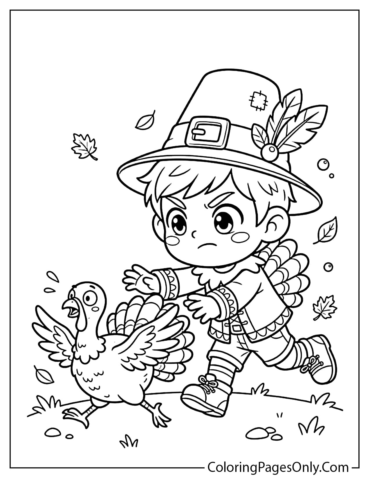 Determined Pilgrim boy chasing a startled turkey across the grass as leaves drift by from Cute Thanksgiving