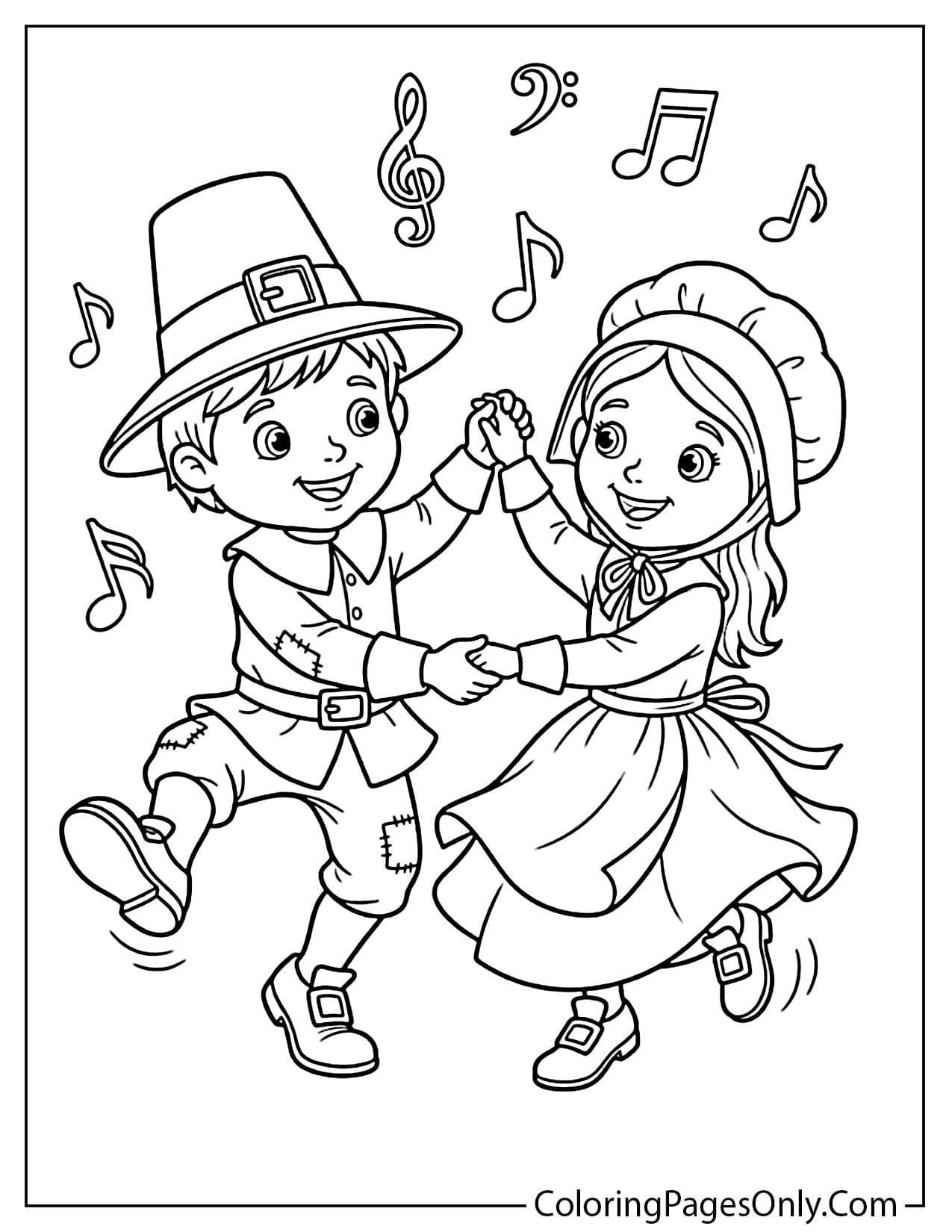 Pilgrim boy and girl holding hands and dancing while musical notes float around them from Cute Thanksgiving