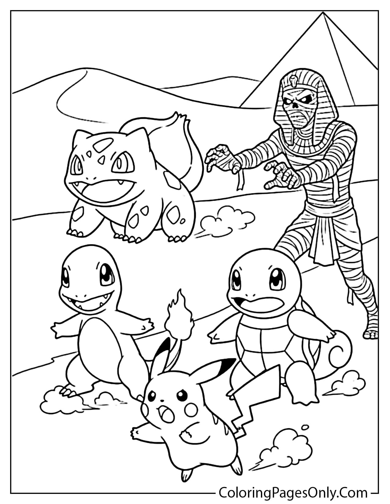 A line art illustration showing Bulbasaur, Charmander, Squirtle, and Pikachu running away in fear from an Egyptian mummy in a desert landscape with a pyramid in the background. A collaborative Pokemon Halloween coloring page. from Pokemon Halloween