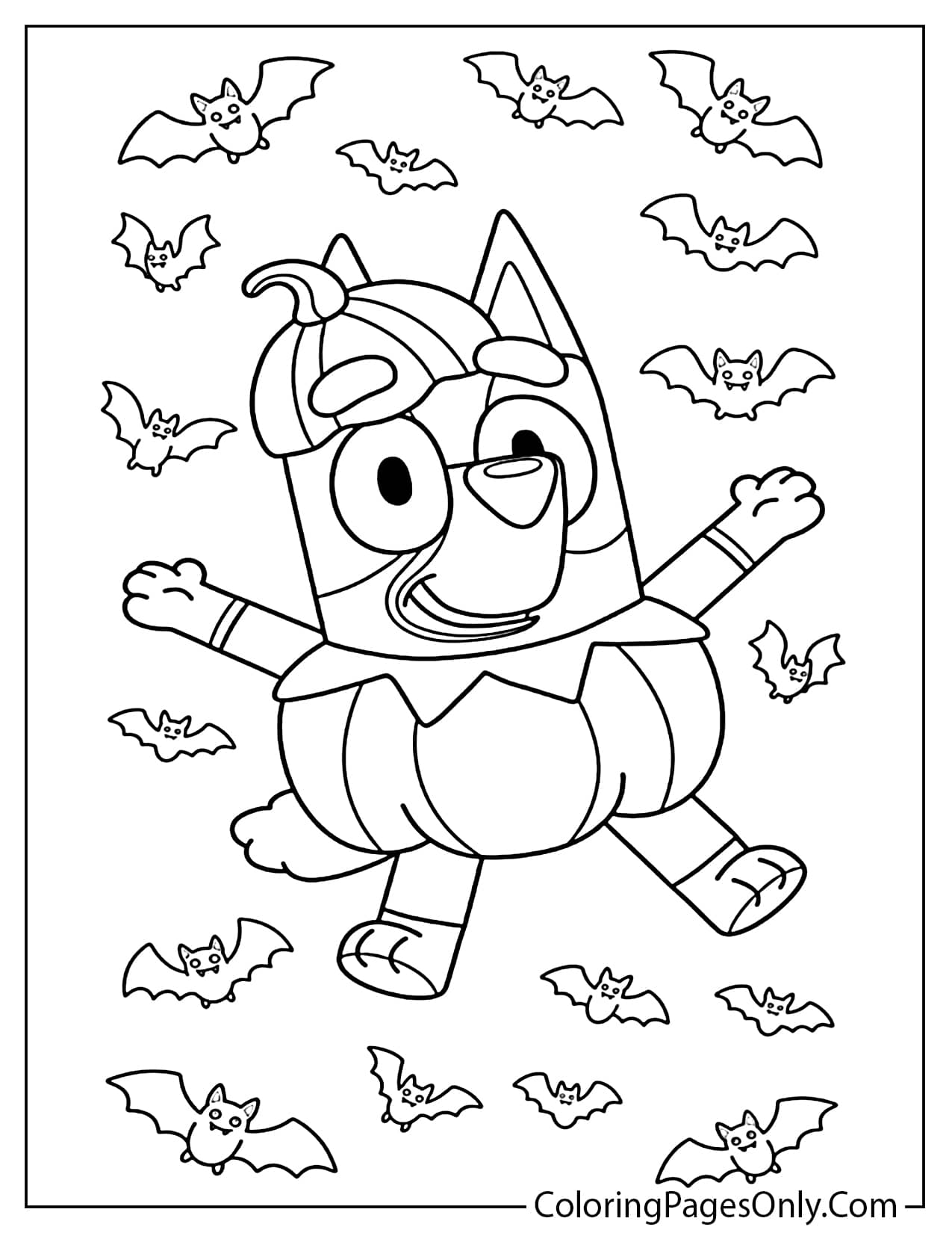 A printable Halloween coloring page featuring Bluey wrapped as a mummy standing next to a open coffin with a small mummy inside and bats flying above. from Bluey Halloween