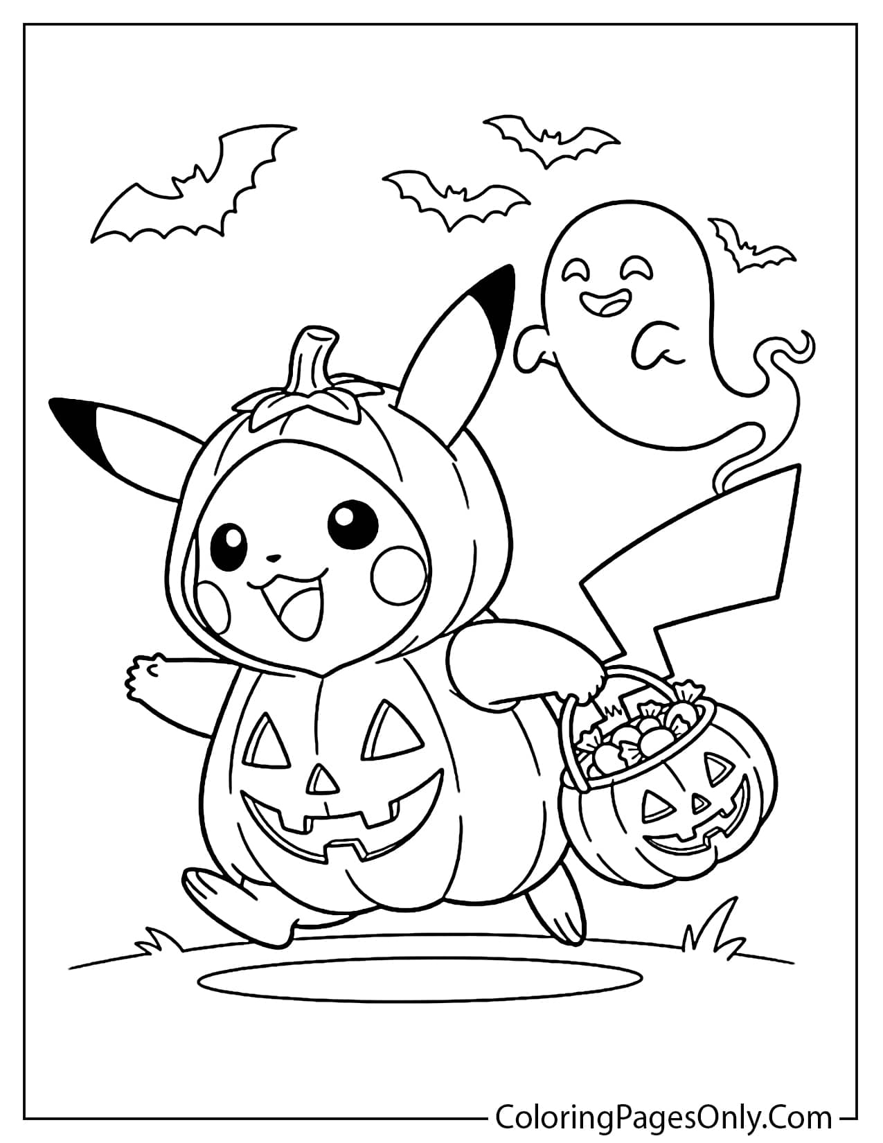 Line drawing of Pikachu wearing a full pumpkin costume, running happily with a jack-o'-lantern trick-or-treat basket full of candy, alongside a happy cartoon ghost. Perfect for a Halloween coloring sheet. from Pokemon Halloween