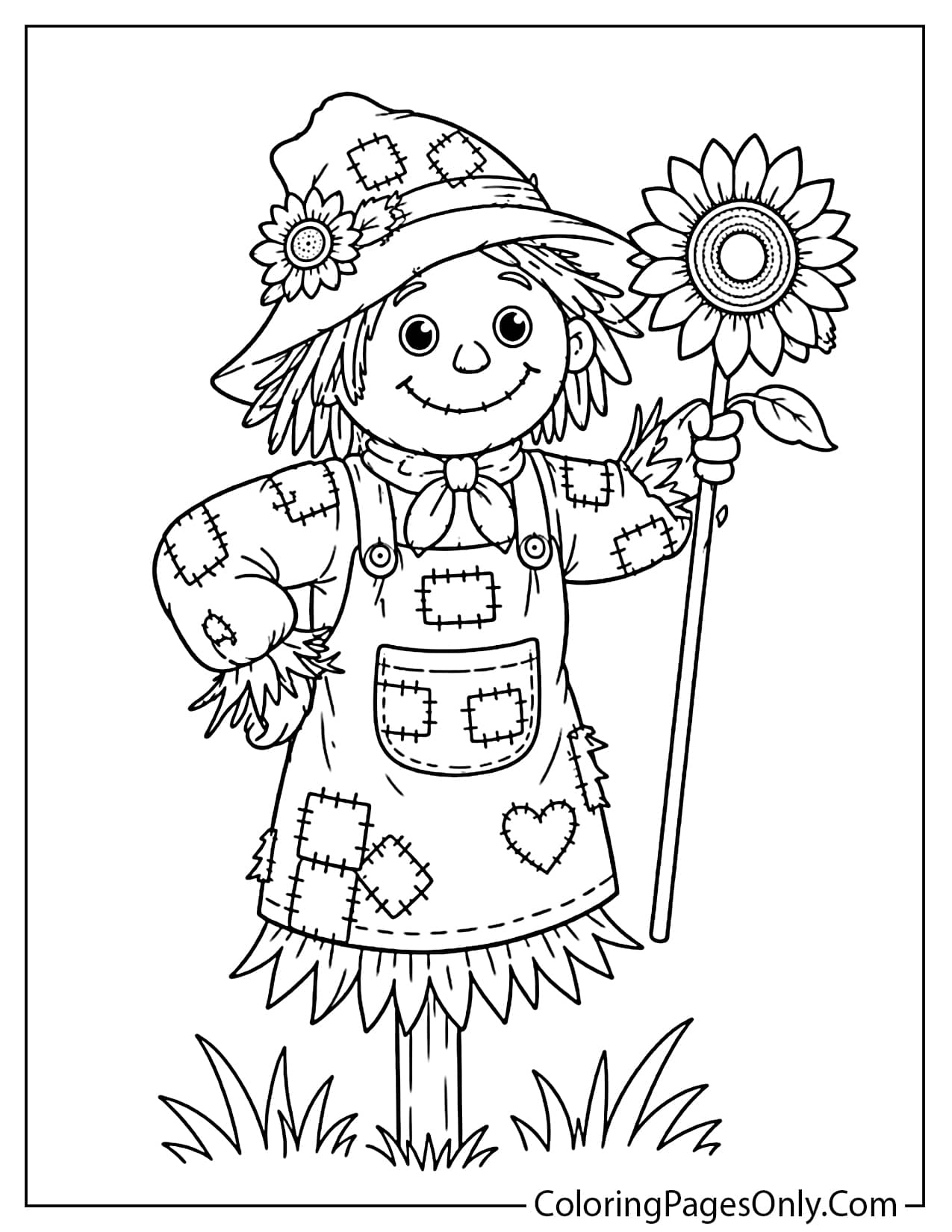 Patchwork scarecrow with a heart patch on his overalls holding a tall sunflower from Cute Thanksgiving