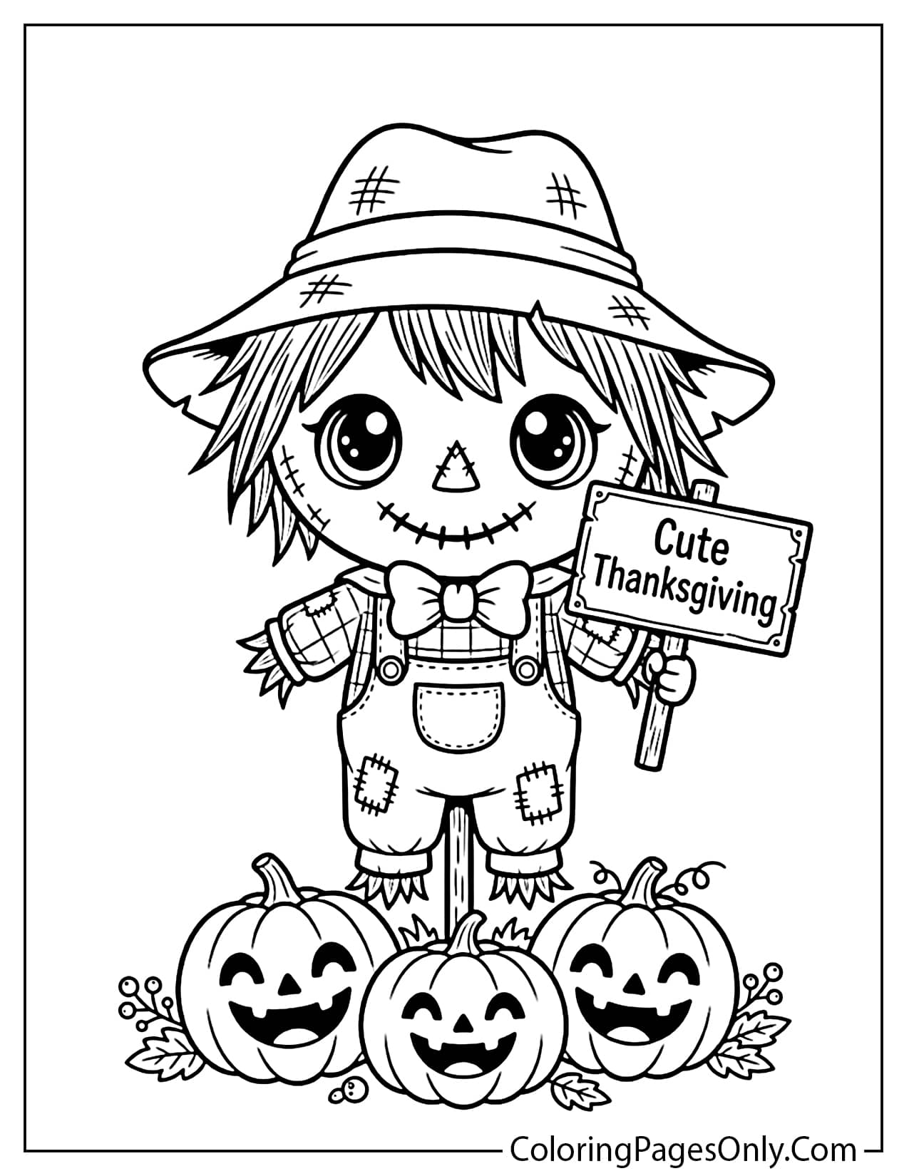 Smiling scarecrow in patched overalls holding a Thanksgiving sign above three grinning pumpkins from Cute Thanksgiving