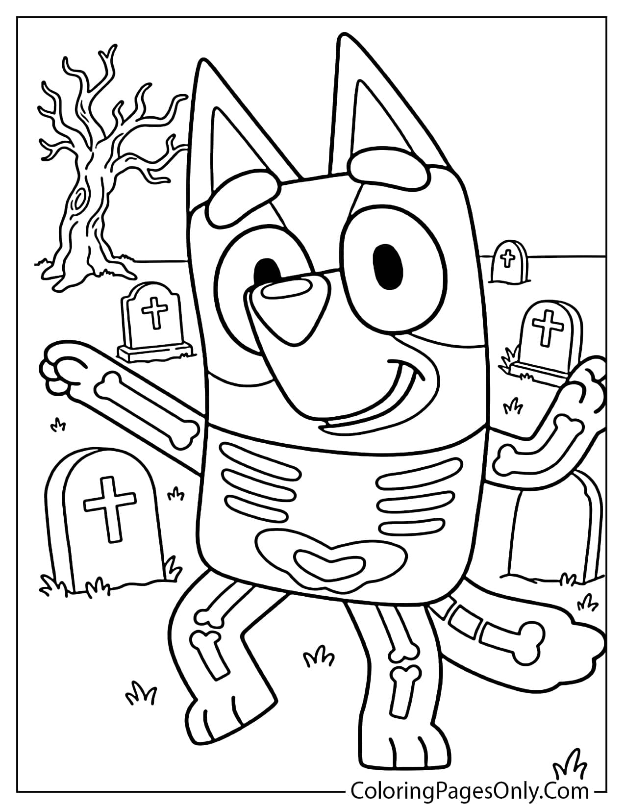 A black and white coloring page of Bluey wearing a skeleton costume in a spooky cemetery with tombstones and a bare tree. from Bluey Halloween