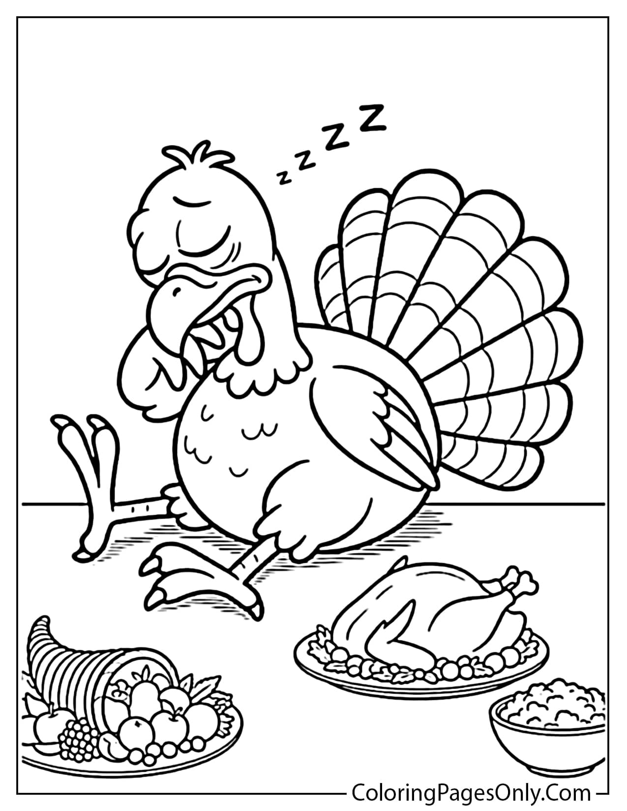 Sleepy turkey dozing at a dinner table beside a roast, a cornucopia, and mashed potatoes from Cute Thanksgiving