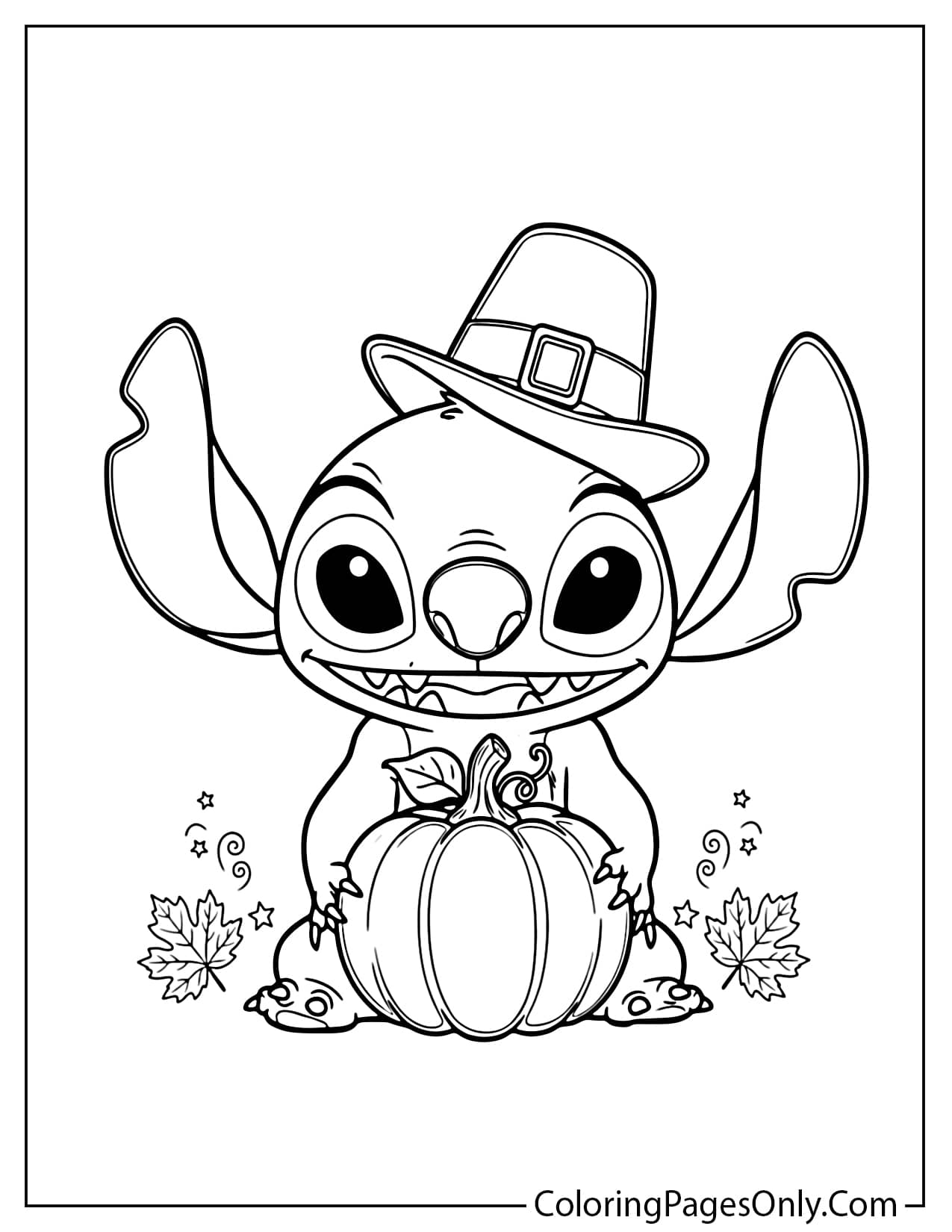 Stitch in a buckled Pilgrim hat holding a round pumpkin between maple leaves and stars from Cute Thanksgiving