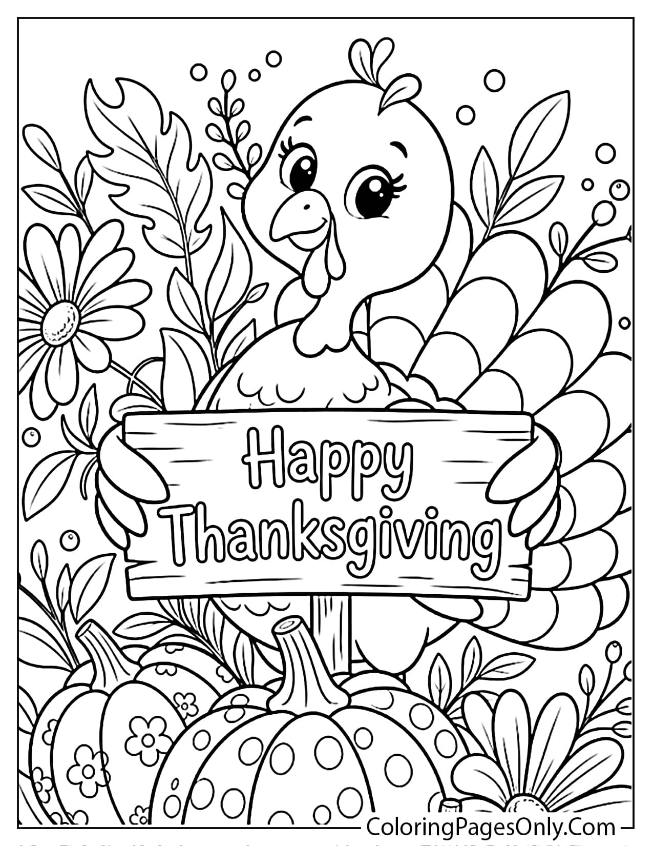 Turkey peeking over a wooden Happy Thanksgiving sign among daisies and polka-dot pumpkins from Cute Thanksgiving
