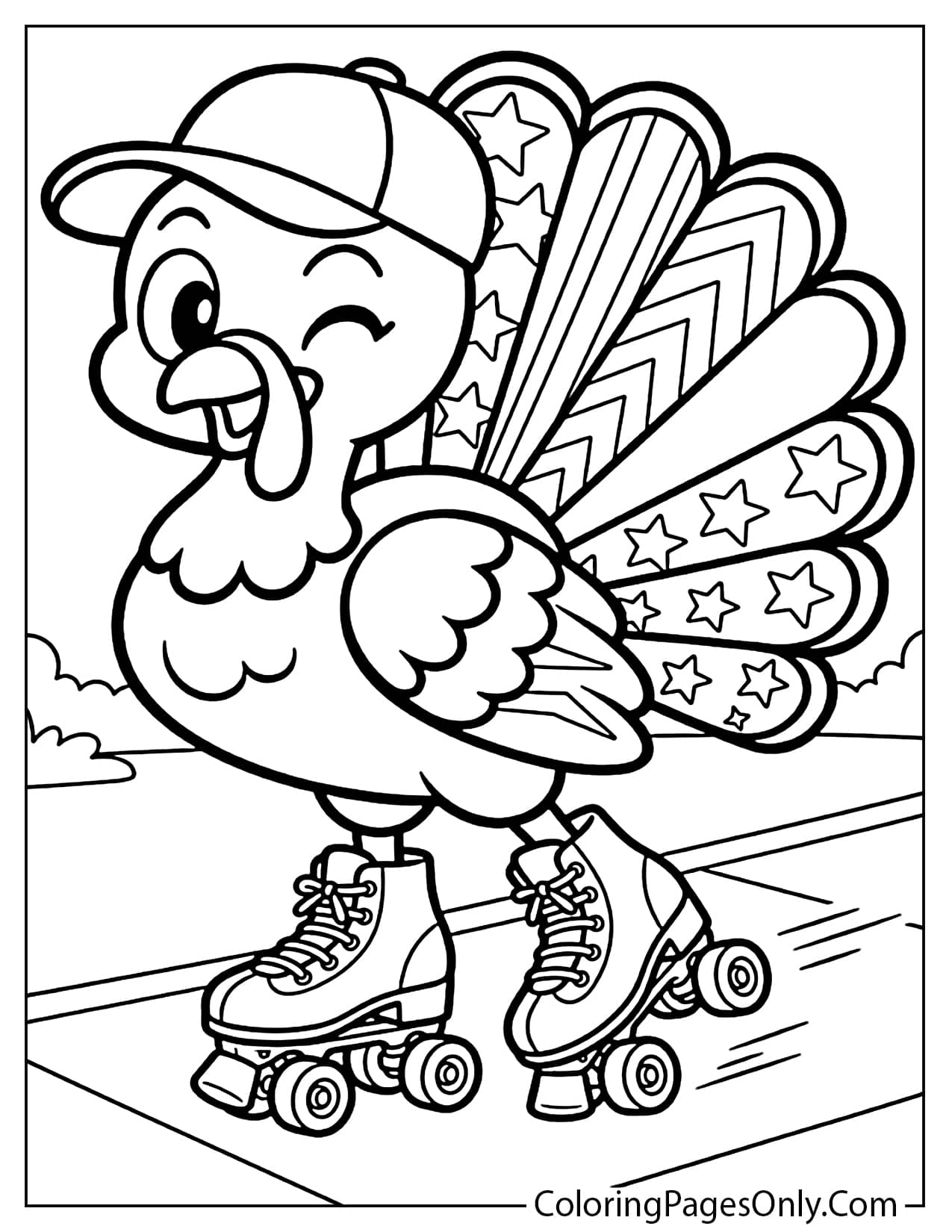 Winking turkey in a baseball cap on roller skates, its tail decorated with stars from Cute Thanksgiving