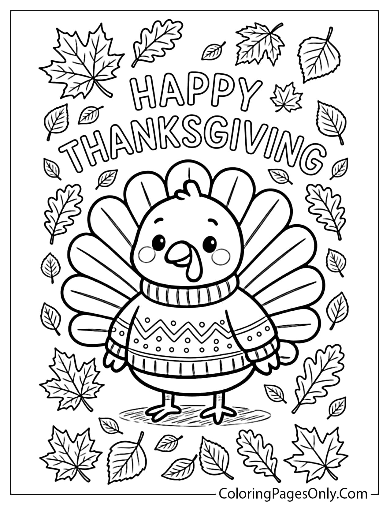 Round turkey in a zigzag knit sweater under Happy Thanksgiving letters and autumn leaves from Cute Thanksgiving