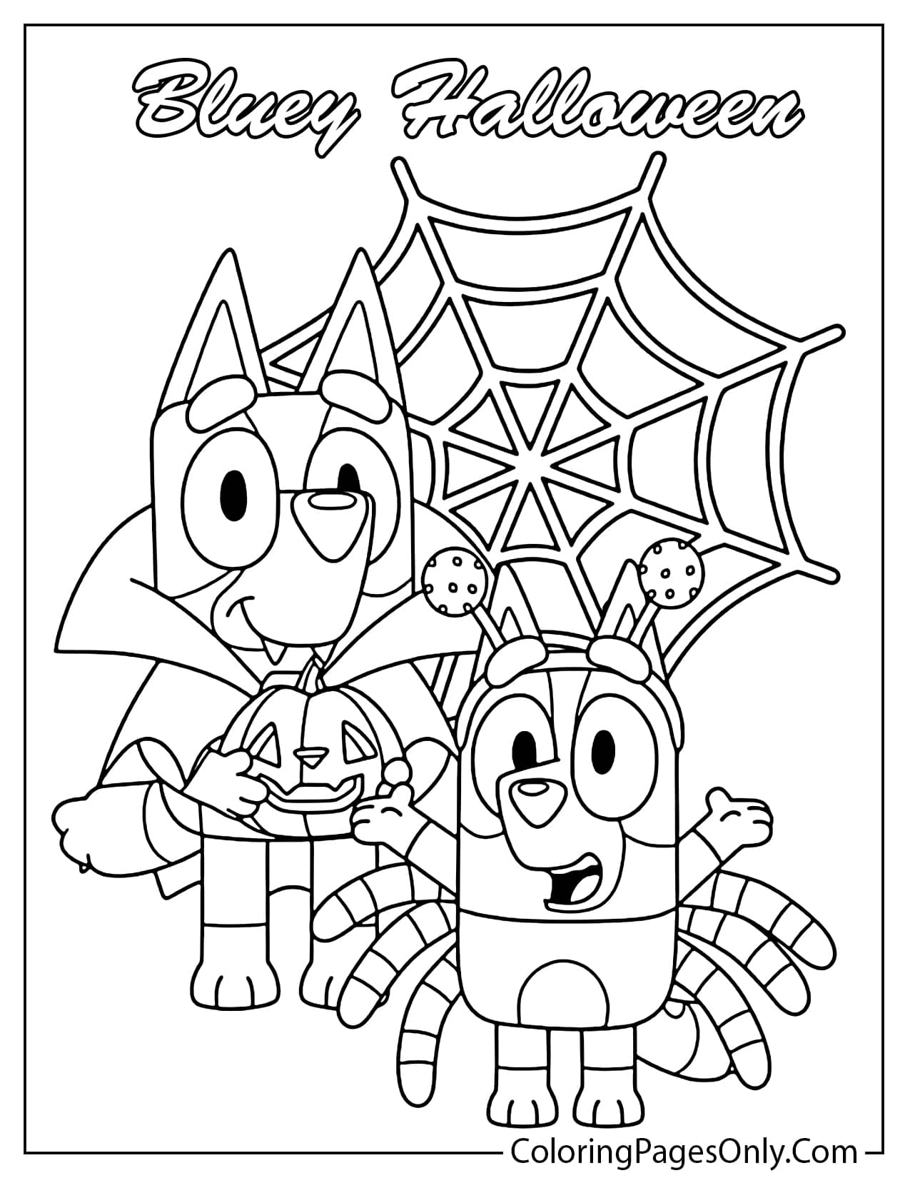 A black and white line drawing of Bluey dressed as a vampire holding a pumpkin bucket next to Bingo in a spider costume with a web in the background. from Bluey Halloween